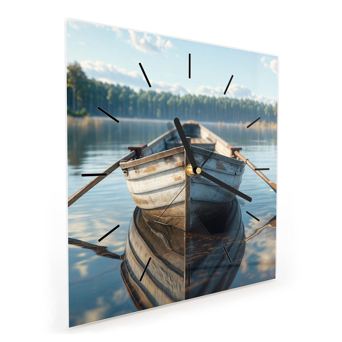 Quadratische Wanduhr aus Glas Ruderboot am Waldsee schräg von der Seite, 4 mm starkes Glas