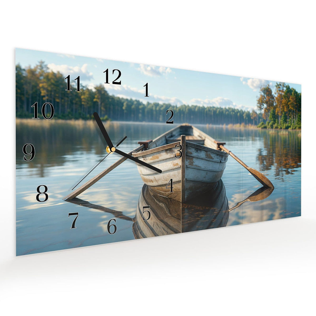 Vormontiert – mit Schwebeeffekt – Wanduhr Boot auf See aus Glas – Querformat 60 × 30 cm