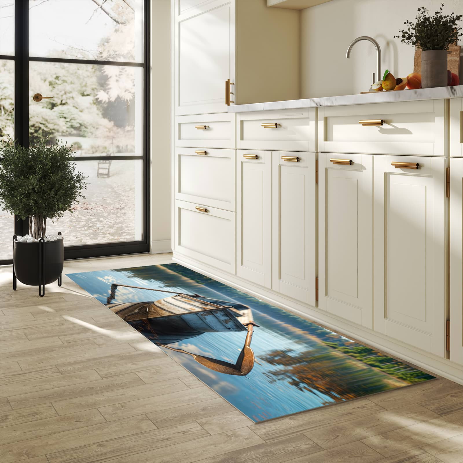 Küchenteppich mit Motiv Boot auf See für Ordnung & Übersicht in heller Küche