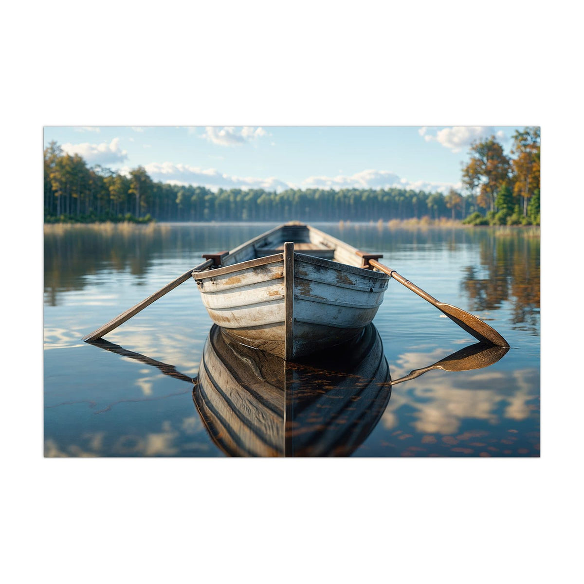 Küchenrückwand aus Glas Ruderboot am Waldsee im Hochformat, Motiv bildfüllend von vorn