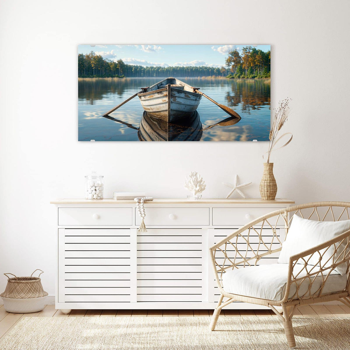 Echtglas, 4 mm – kein Acryl, keine Folie – Wandbild - Ruderboot am Waldsee - Querformat