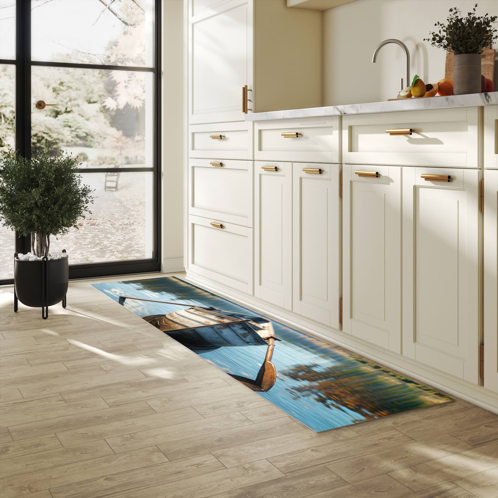 Langlebiger Teppich für Esstisch mit Motiv Boot auf See in heller Küche, waschbar