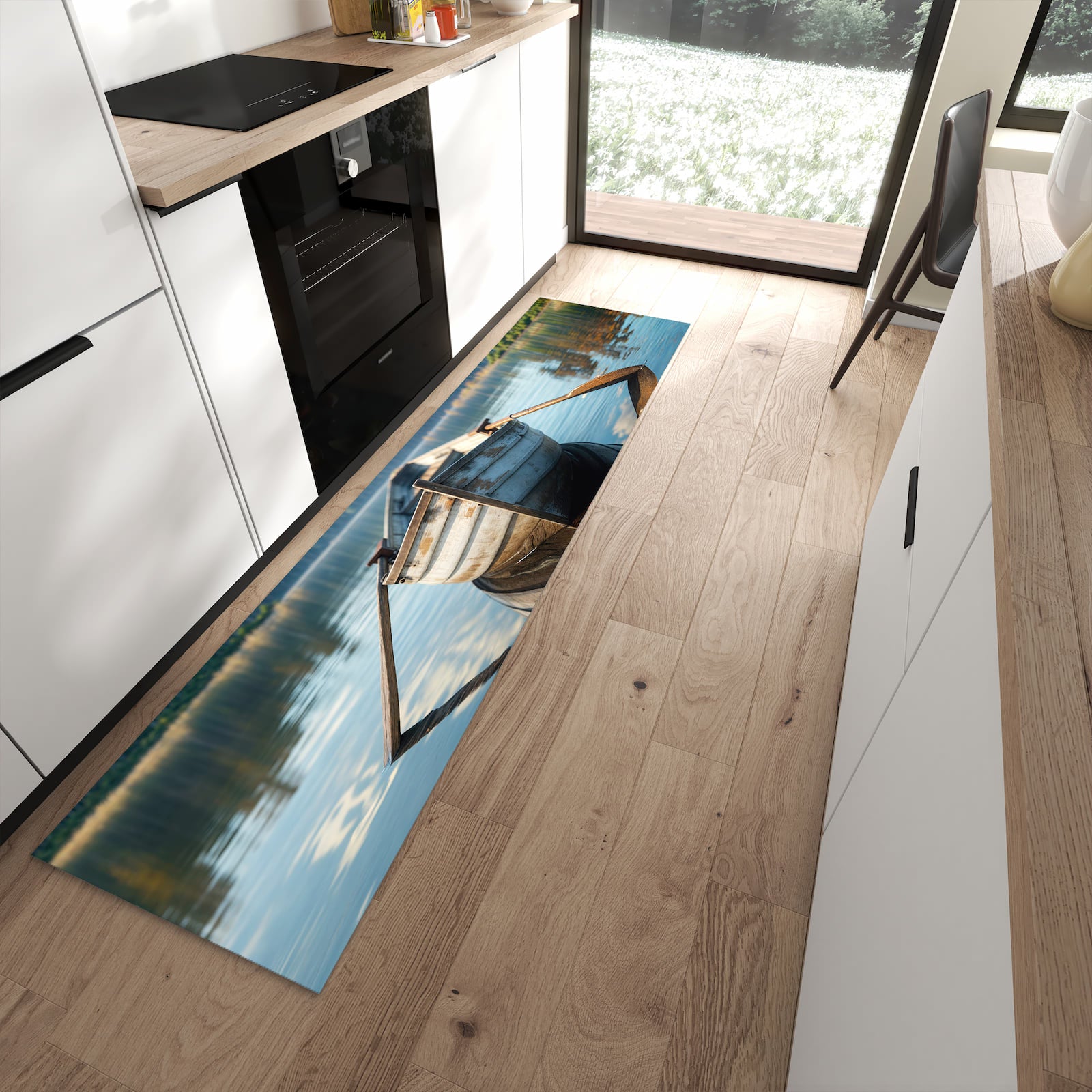 Langlebiger Küchenläufer mit Motiv Boot auf See in moderner Küche