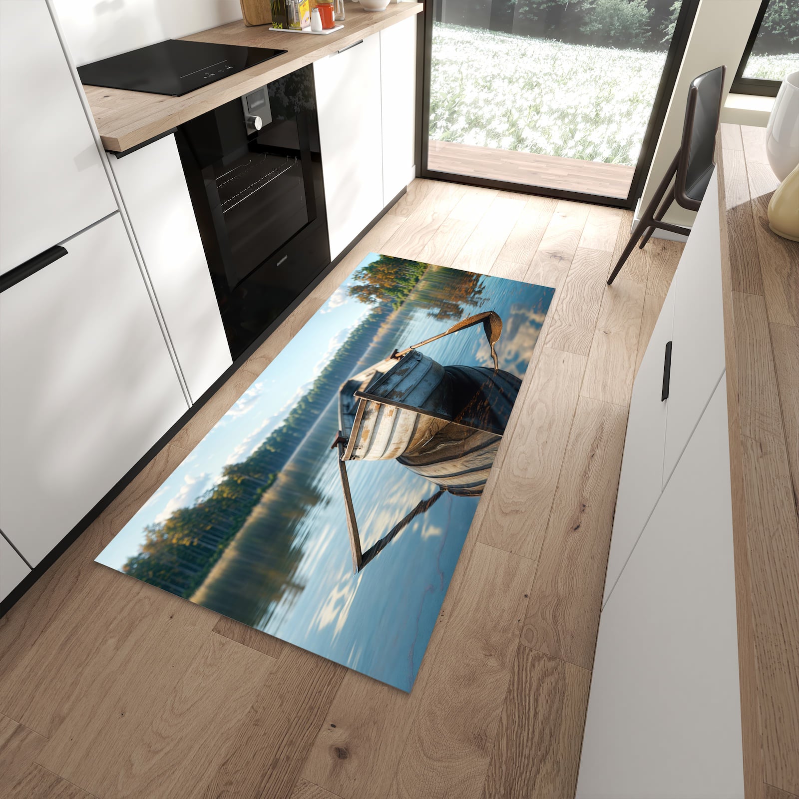 Dünner Küchenteppich mit Motiv Boot auf See in moderner Küche für sicheres Aufbewahren