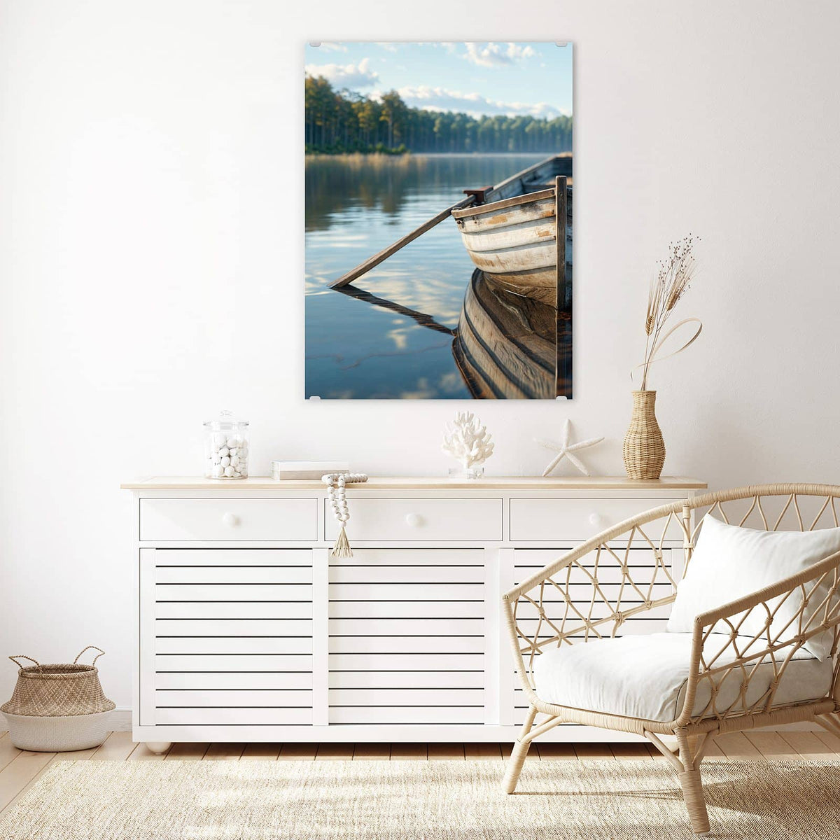 Aufhängung liegt bei – Motiv später wechselbar – Wandbild - Ruderboot am Waldsee - Hochformat