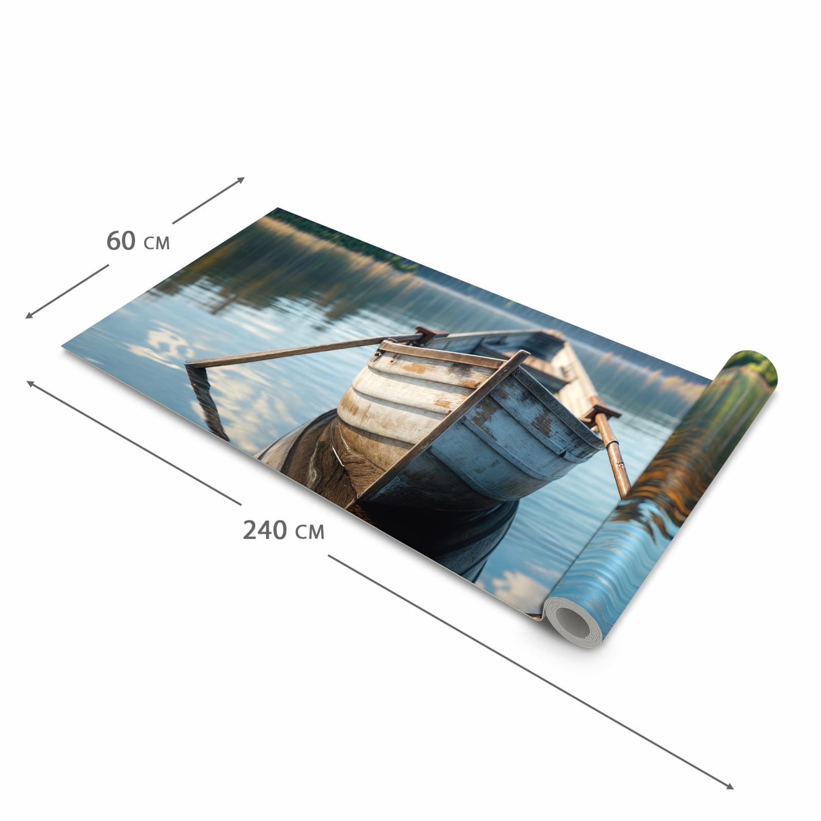 Formstabiler waschbarer Küchenteppich mit Motiv Boot auf See in der Grösse 60x300 cm