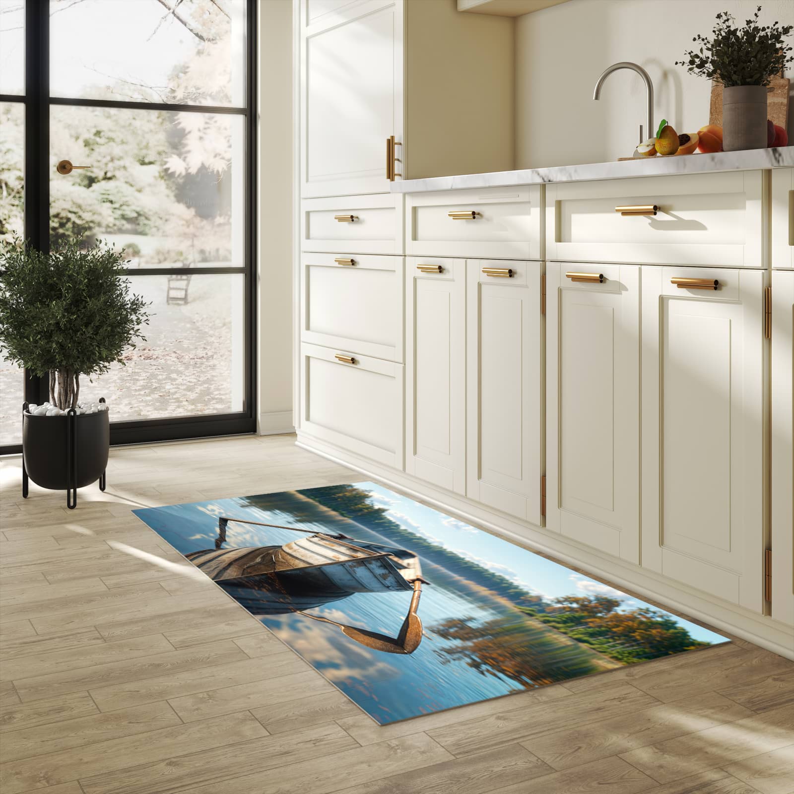 Formstabiler rutschfester Küchenteppich mit Motiv Boot auf See in heller Küche