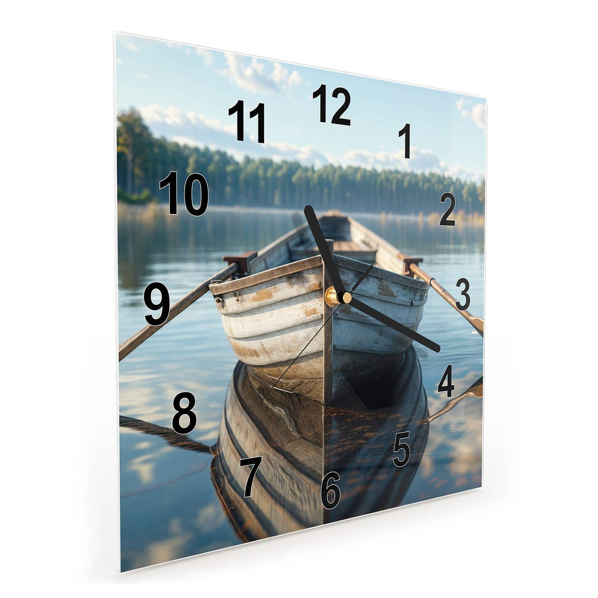 Quadratische Wanduhr aus Glas Ruderboot am Waldsee schräg von der Seite, 4 mm starkes Glas
