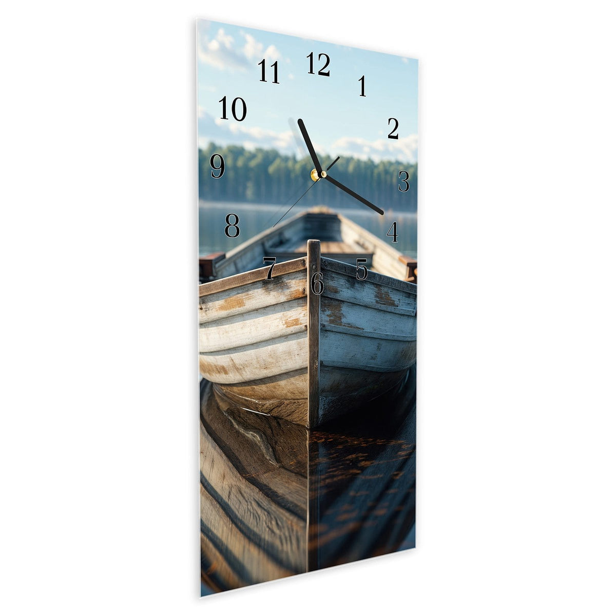 Vormontiert – mit Schwebeeffekt – Wanduhr Boot auf See aus Glas – Hochformat 30 × 60 cm