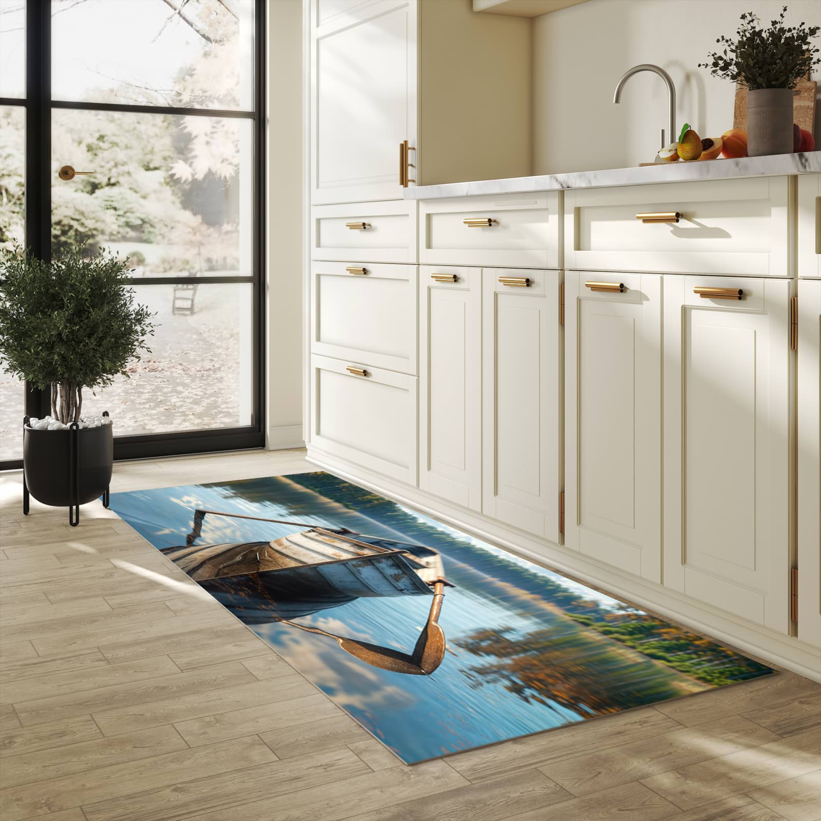 Küchenteppich mit Motiv Boot auf See in heller Küche für sicheres Aufbewahren