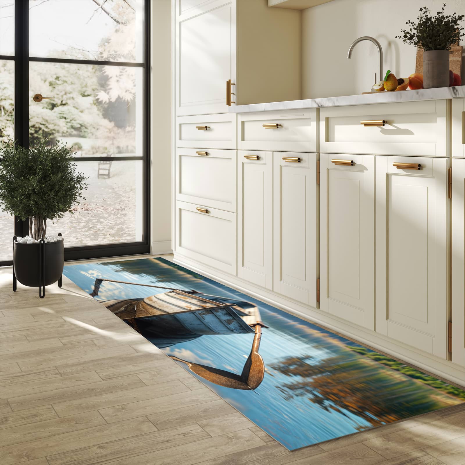 Farbbeständiger Küchenteppich mit Motiv Boot auf See in heller Küche