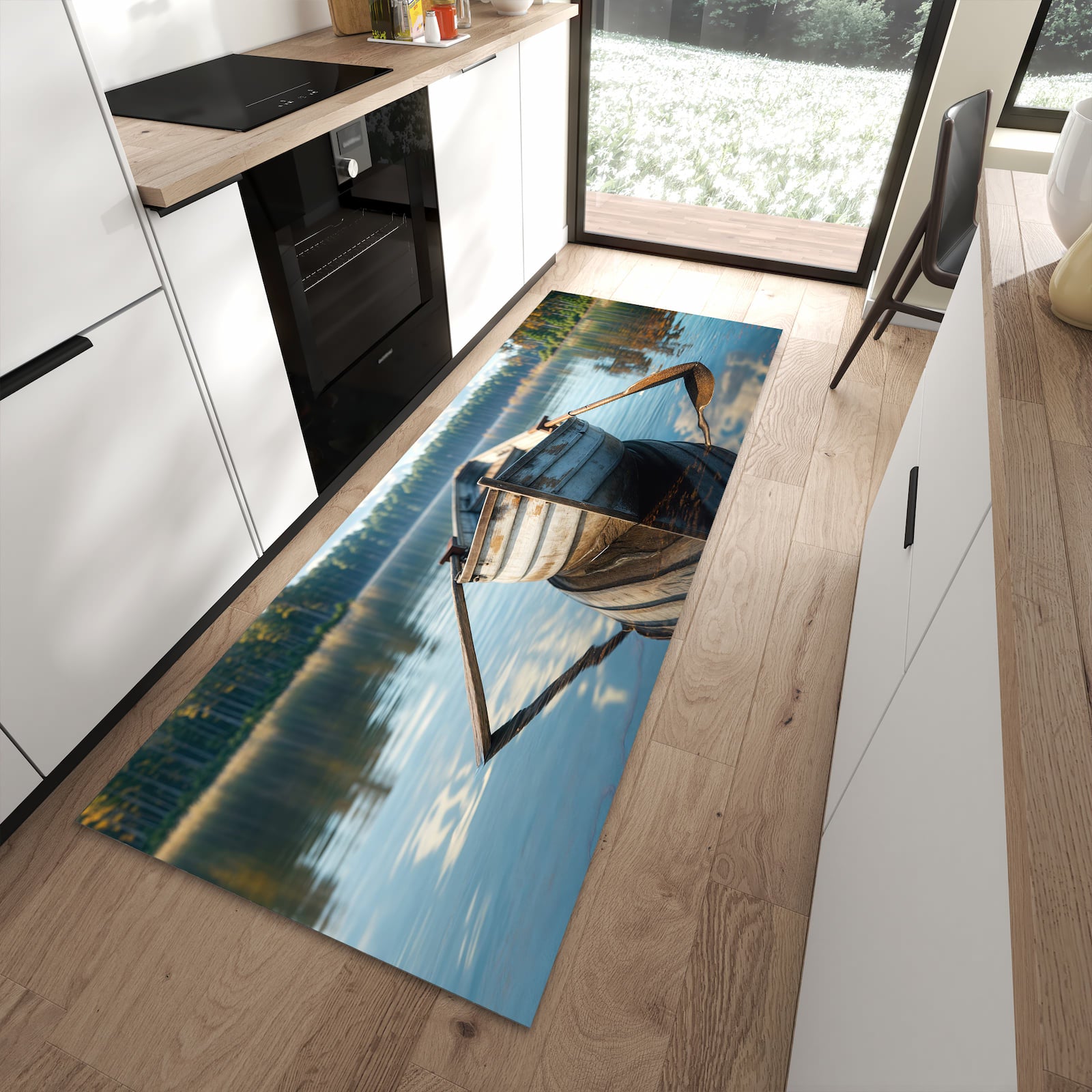 Rutschfester dünner Teppich mit Motiv Boot auf See spart Zeit in moderner Küche