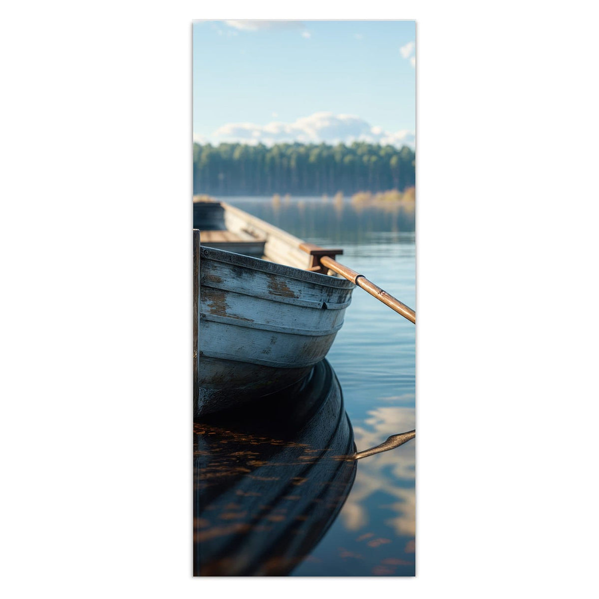 Wandbild - Ruderboot am Waldsee - Hochformat – Altes Ruderboot auf stillem See