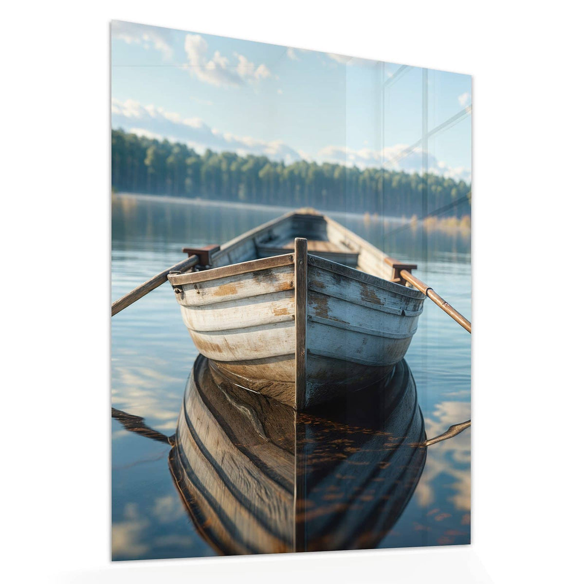 Echtglas, 4 mm – kein Acryl, keine Folie – Wandbild - Ruderboot am Waldsee - Hochformat