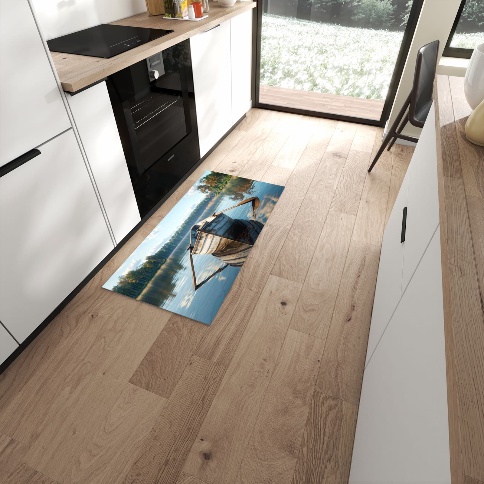 Hygienischer Küchenteppich mit Motiv Boot auf See in moderner Küche #grösse_60 x 120 cm