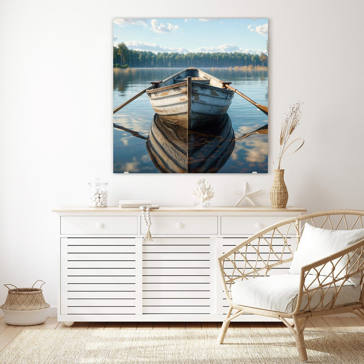 Echtglas, 4 mm – kein Acryl, keine Folie – Wandbild - Ruderboot am Waldsee - Quadratisch