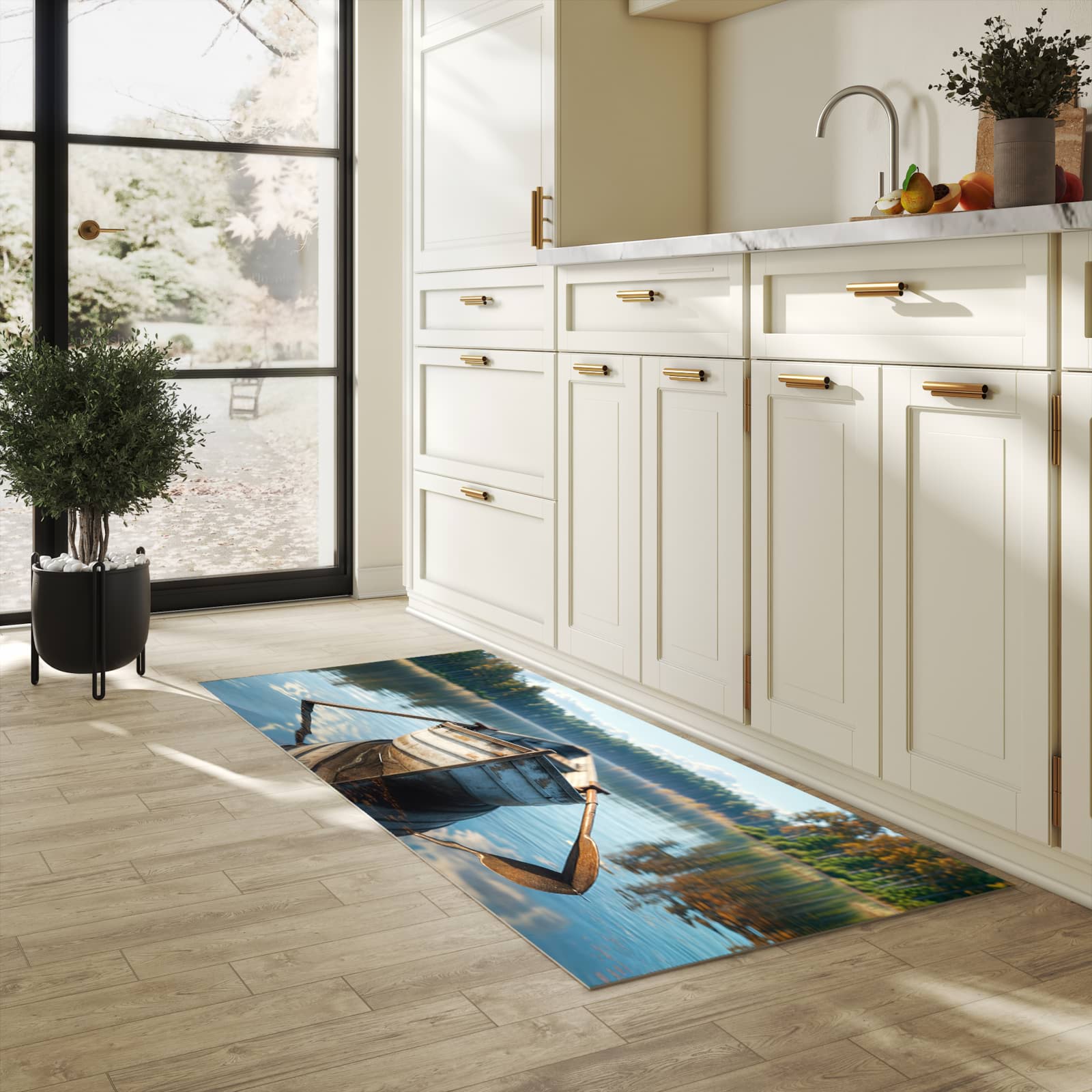 Bodenschonender Bodenläufer-Teppich mit Motiv Boot auf See in heller Küche
