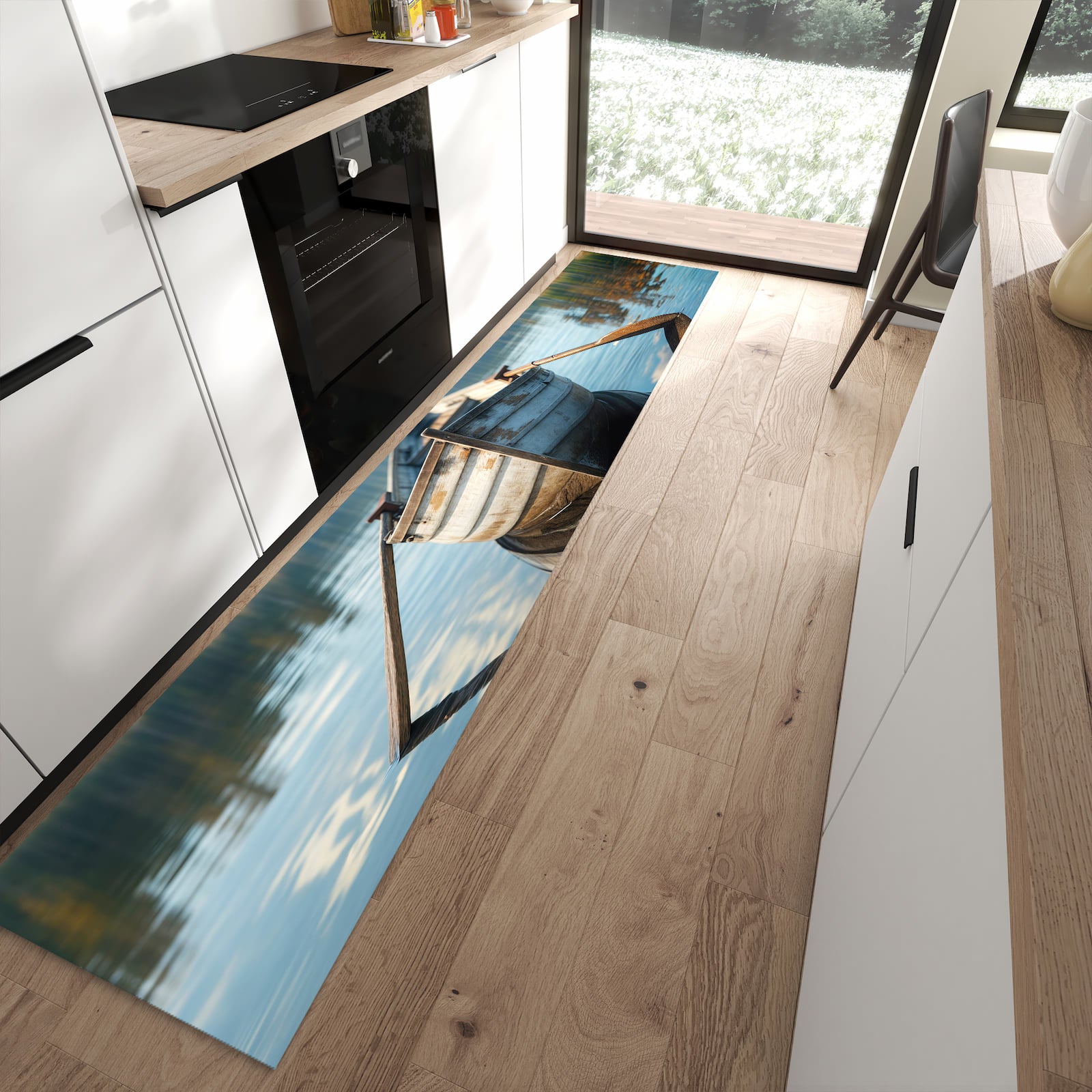 Feuchtigkeitsresistenter Teppichläufer mit Motiv Boot auf See in moderner Küche