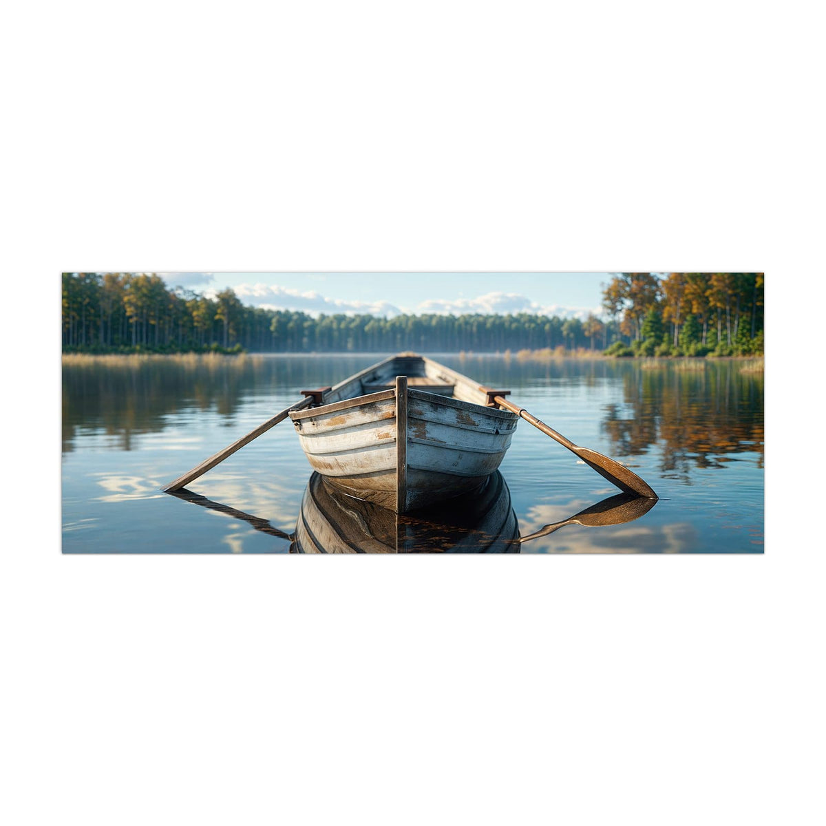Küchenrückwand aus Glas Ruderboot am Waldsee im Hochformat, Motiv bildfüllend von vorn