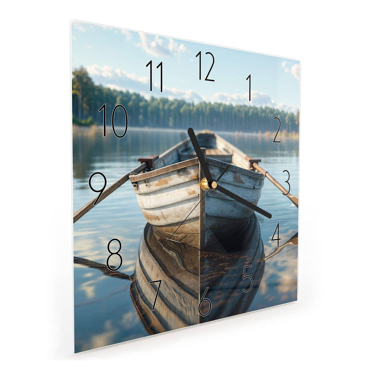 Quadratische Wanduhr aus Glas Ruderboot am Waldsee schräg von der Seite, 4 mm starkes Glas