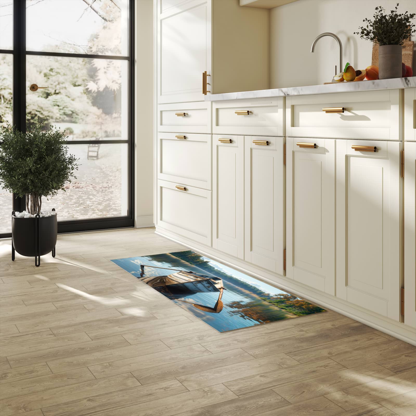 Hygienischer rutschfester Küchenteppich mit Motiv Boot auf See in heller Küche