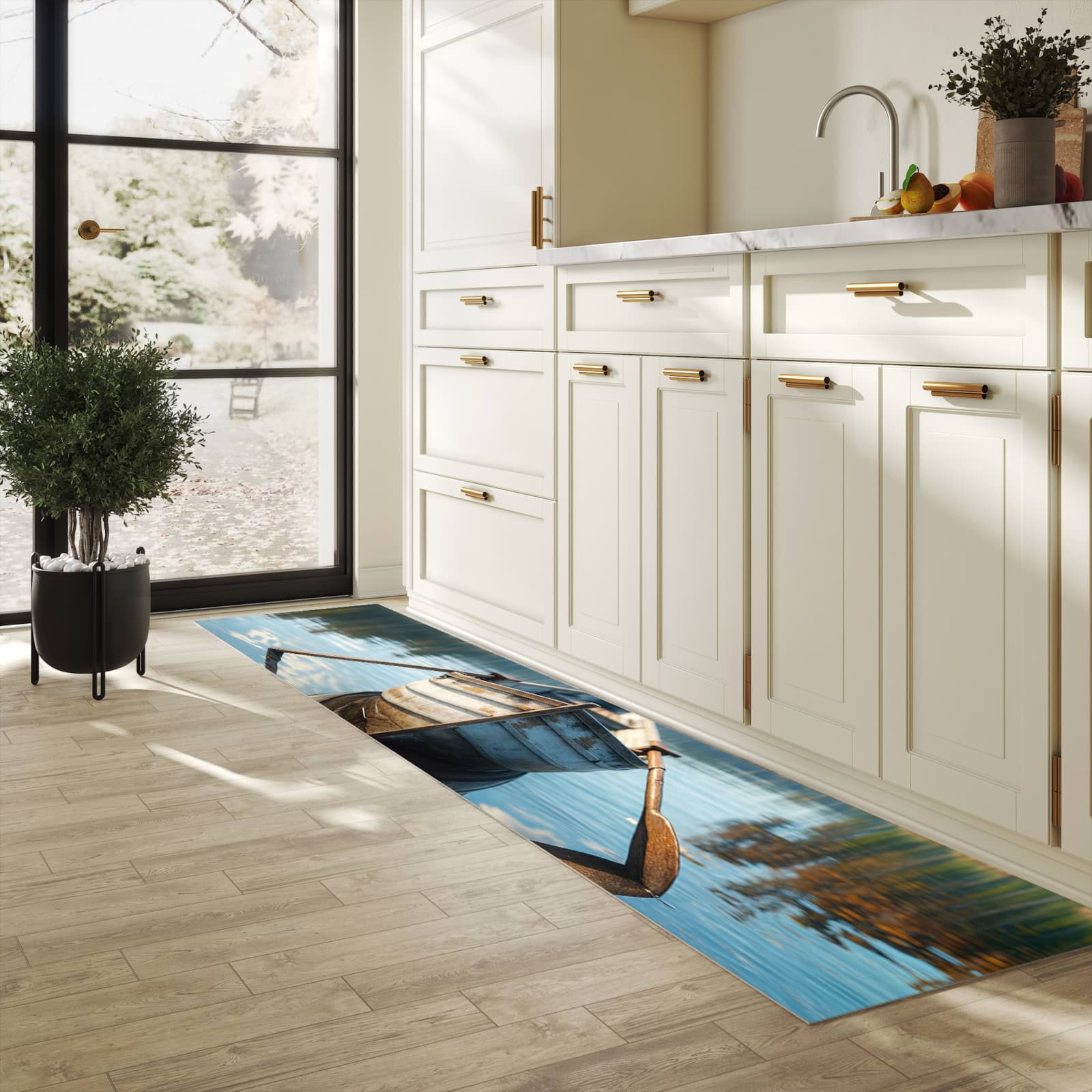 Rutschfester Küchenteppich mit Motiv Boot auf See in heller Küche