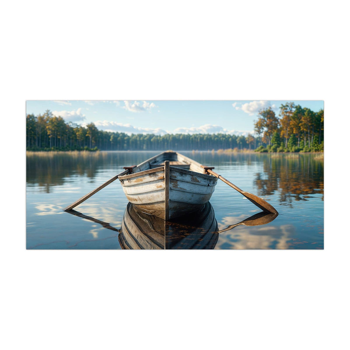 Küchenrückwand aus Glas Ruderboot am Waldsee im Hochformat, Motiv bildfüllend von vorn