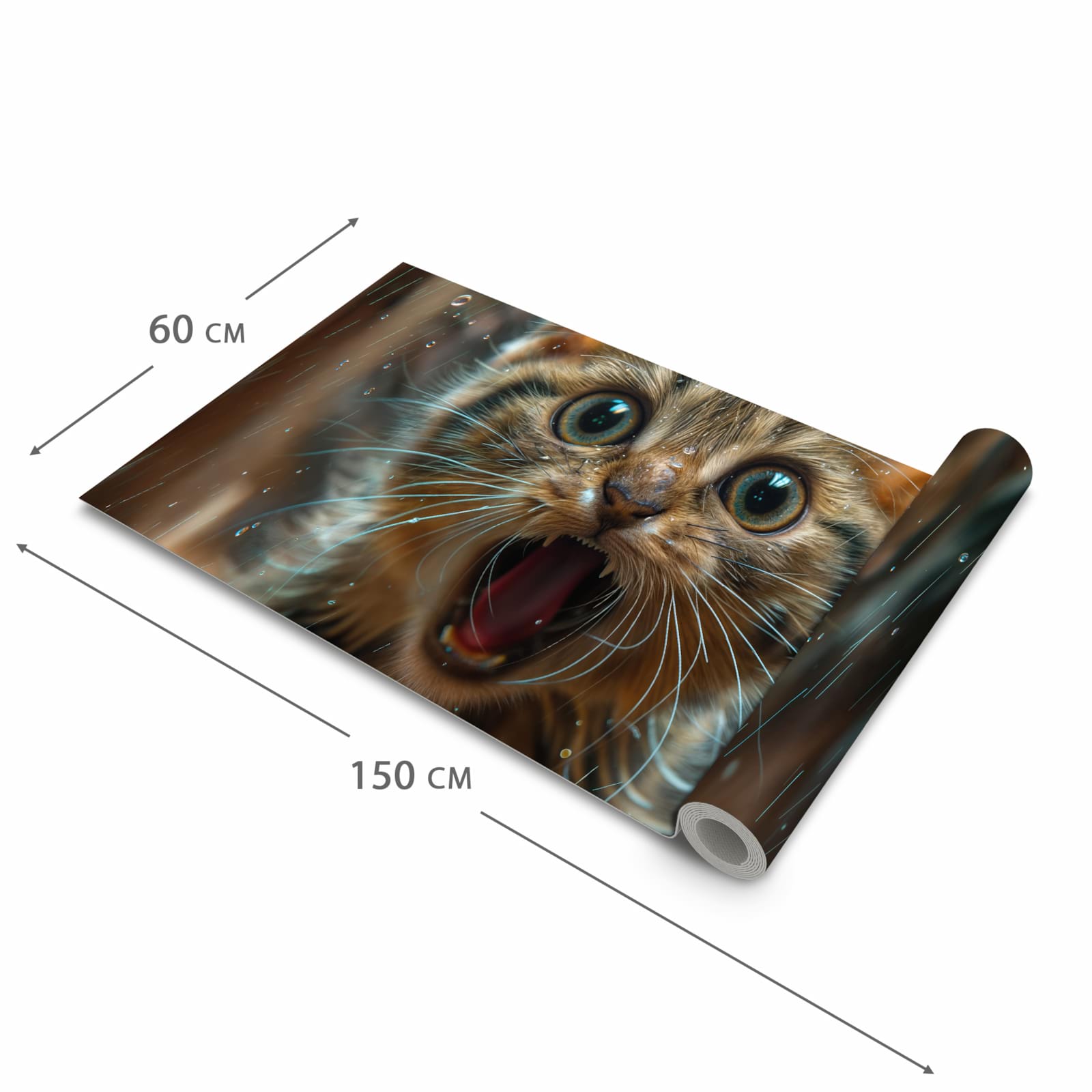 Pflegeleichter Teppichläufer für die Küche mit Motiv Nasse Katze in der Grösse 60x270 cm