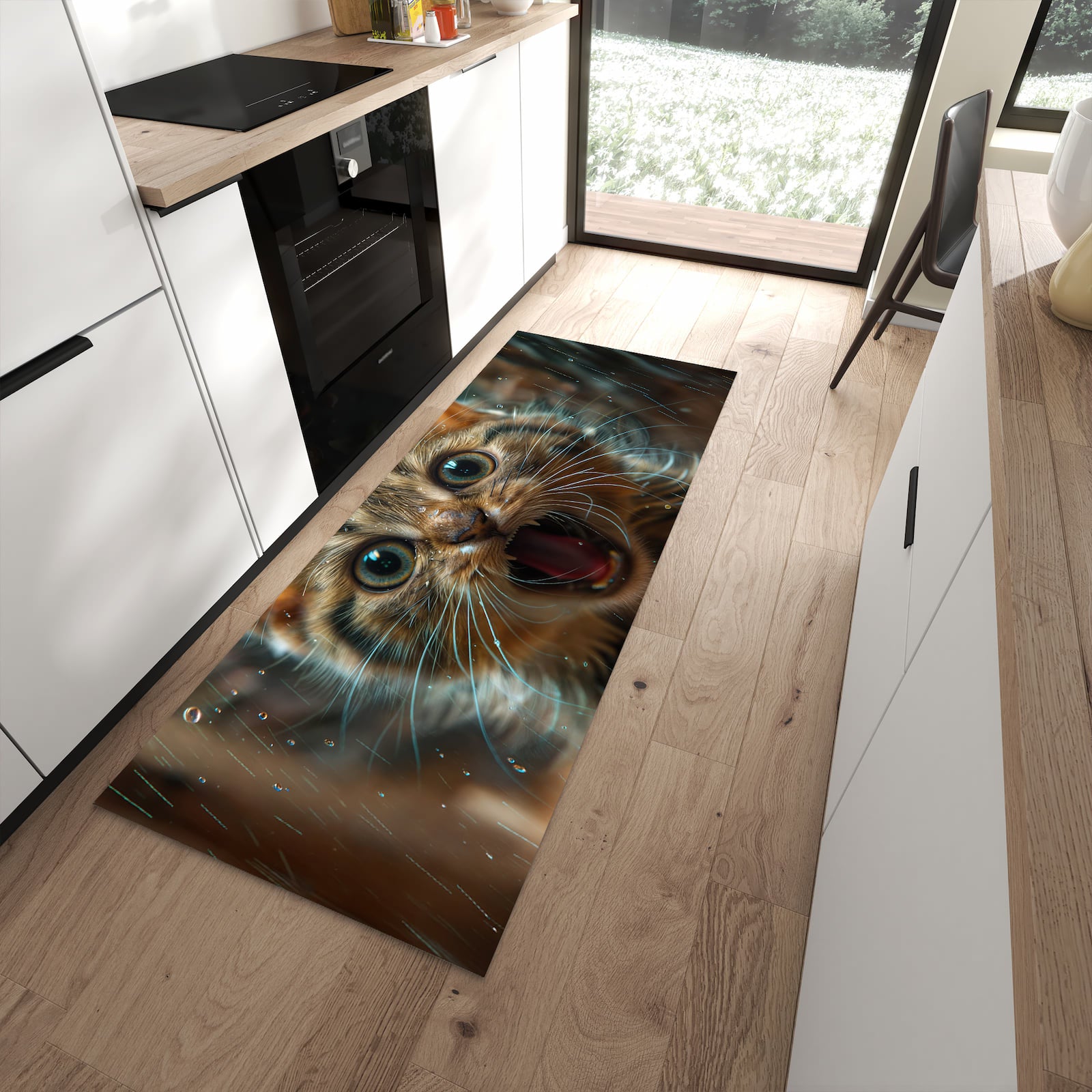Rutschfester Küchenteppich mit Motiv Nasse Katze in moderner Küche - leicht zu reinigen
