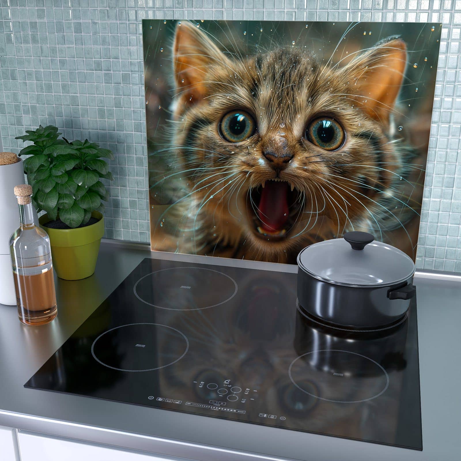1-teilige Abdeckplatten für Ceranfeld mit Nasse Katze-Motiv als Spritzschutz hinter dem Kochfeld