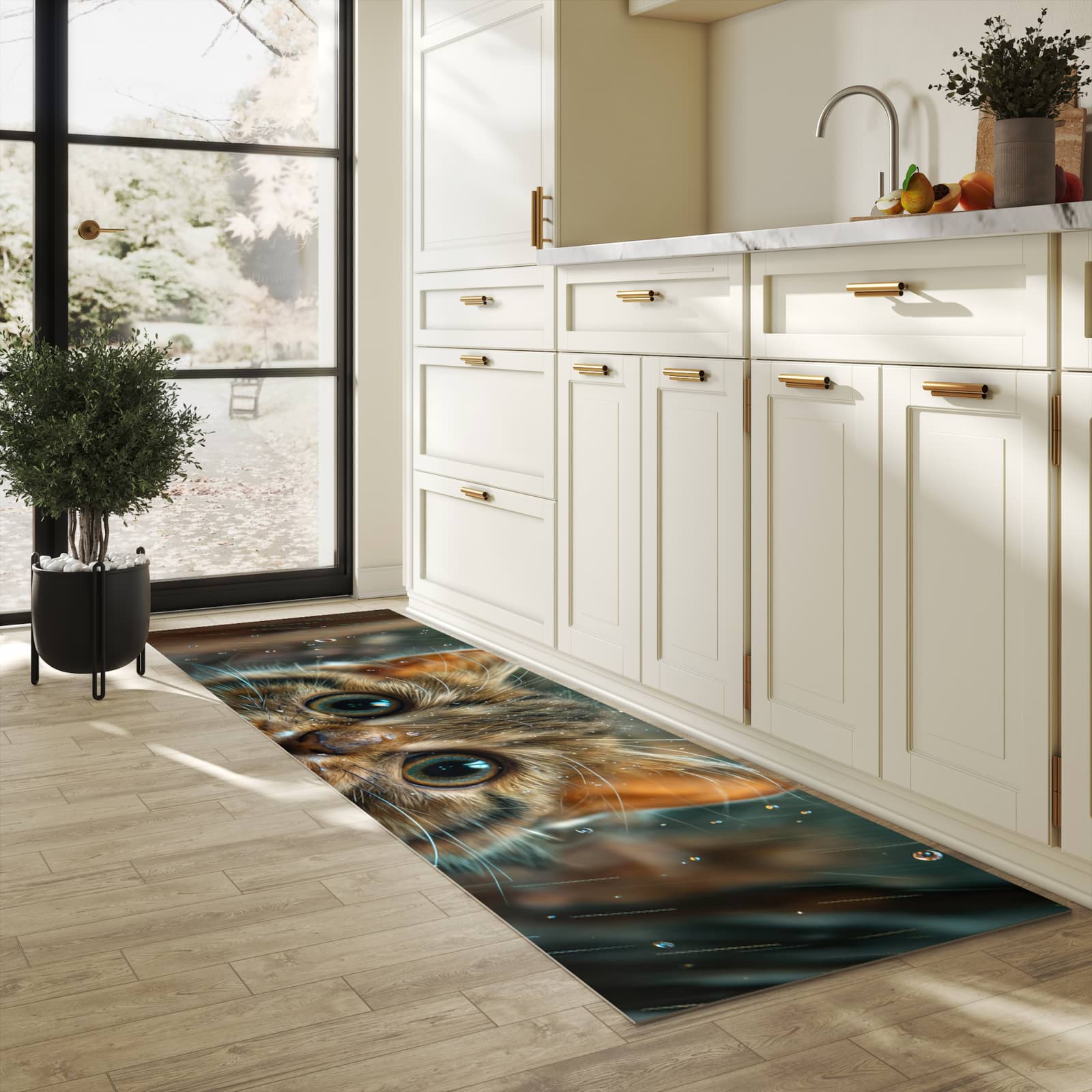 UV-beständiger Küchenteppich mit Motiv Nasse Katze in heller Küche