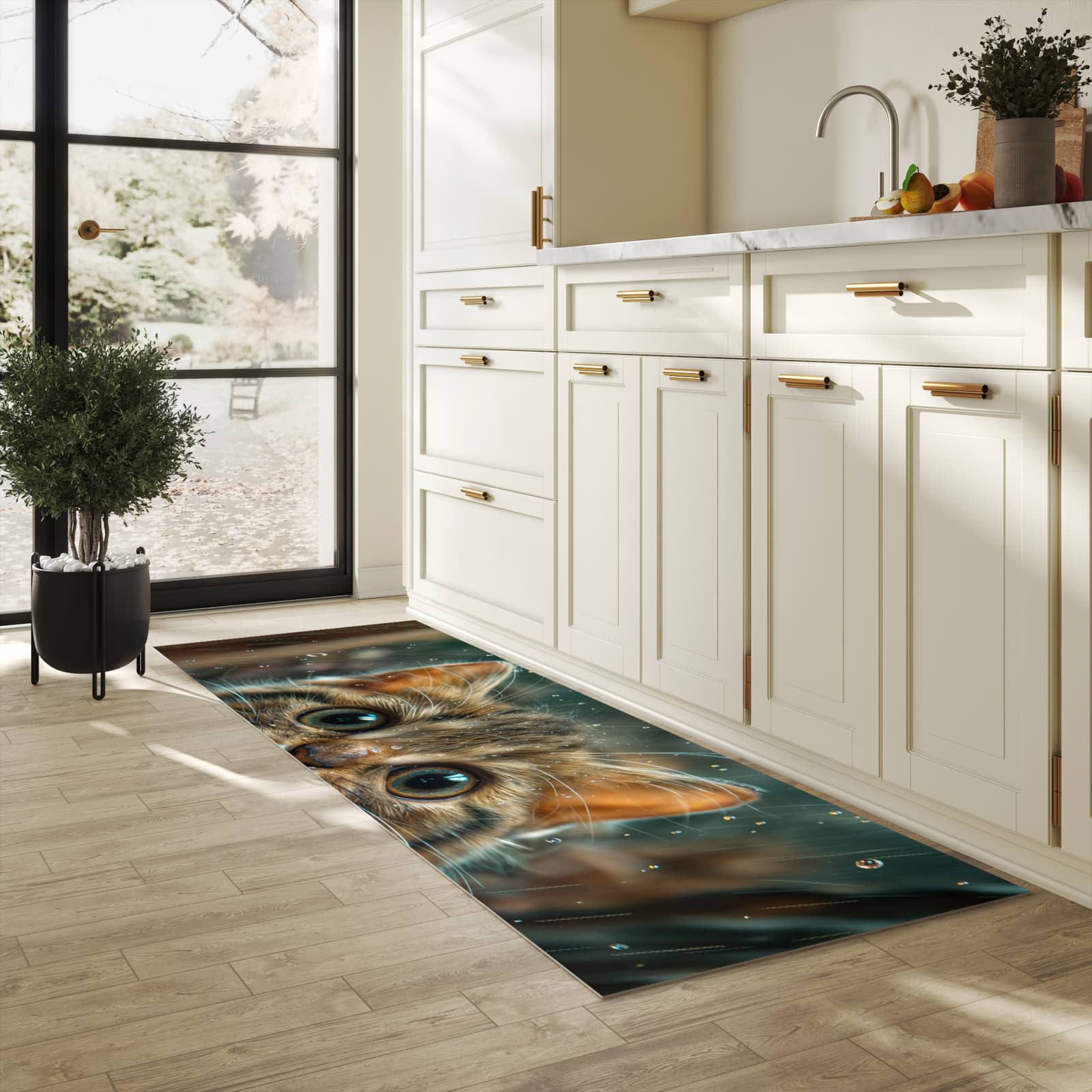 Abriebfester großer Küchenteppich mit Motiv Nasse Katze in heller Küche