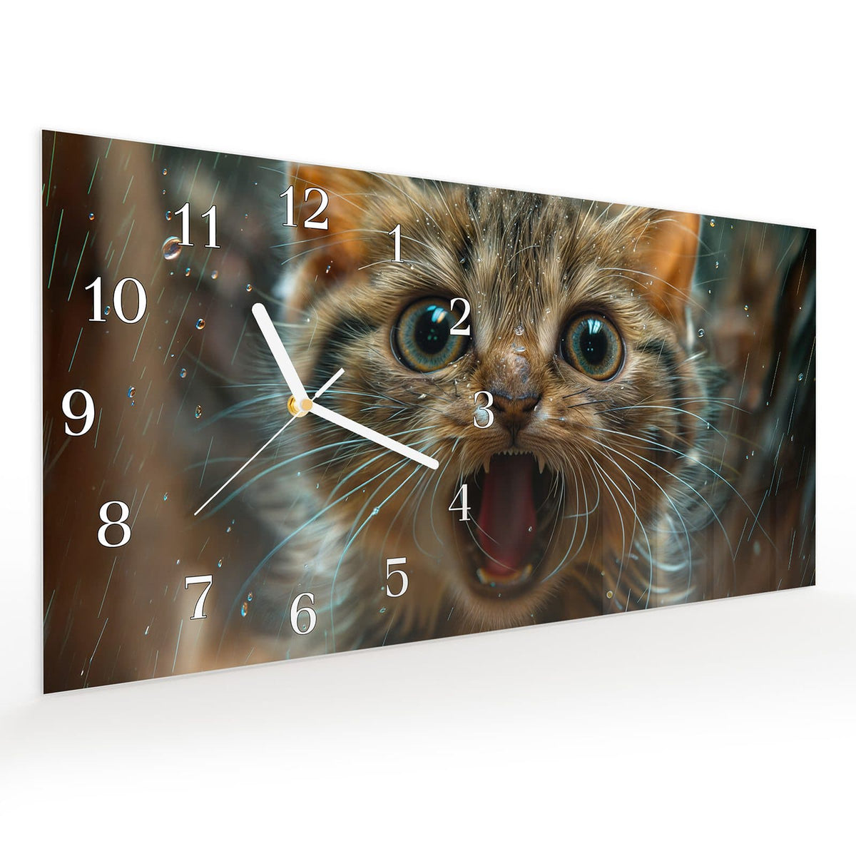 Vormontiert – mit Schwebeeffekt – Wanduhr Nasse Katze aus Glas – Querformat 60 × 30 cm