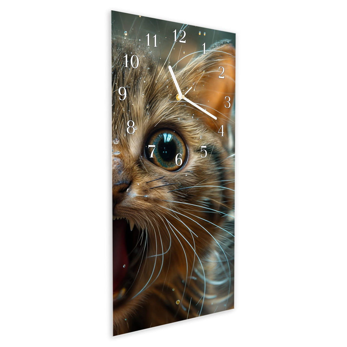 Vormontiert – mit Schwebeeffekt – Wanduhr Nasse Katze aus Glas – Hochformat 30 × 60 cm