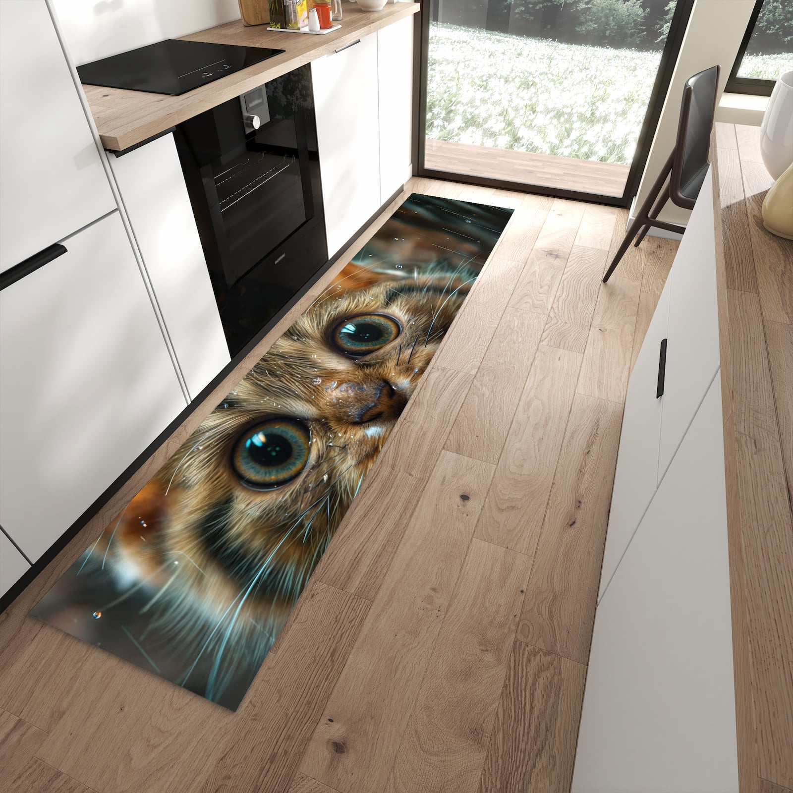 Pflegeleichter Küchenteppich mit Motiv Nasse Katze in moderner Küche
