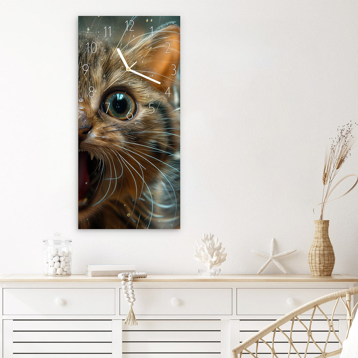 Wanduhr Nasse Katze aus Glas – Kätzchen mit weit offenen Augen