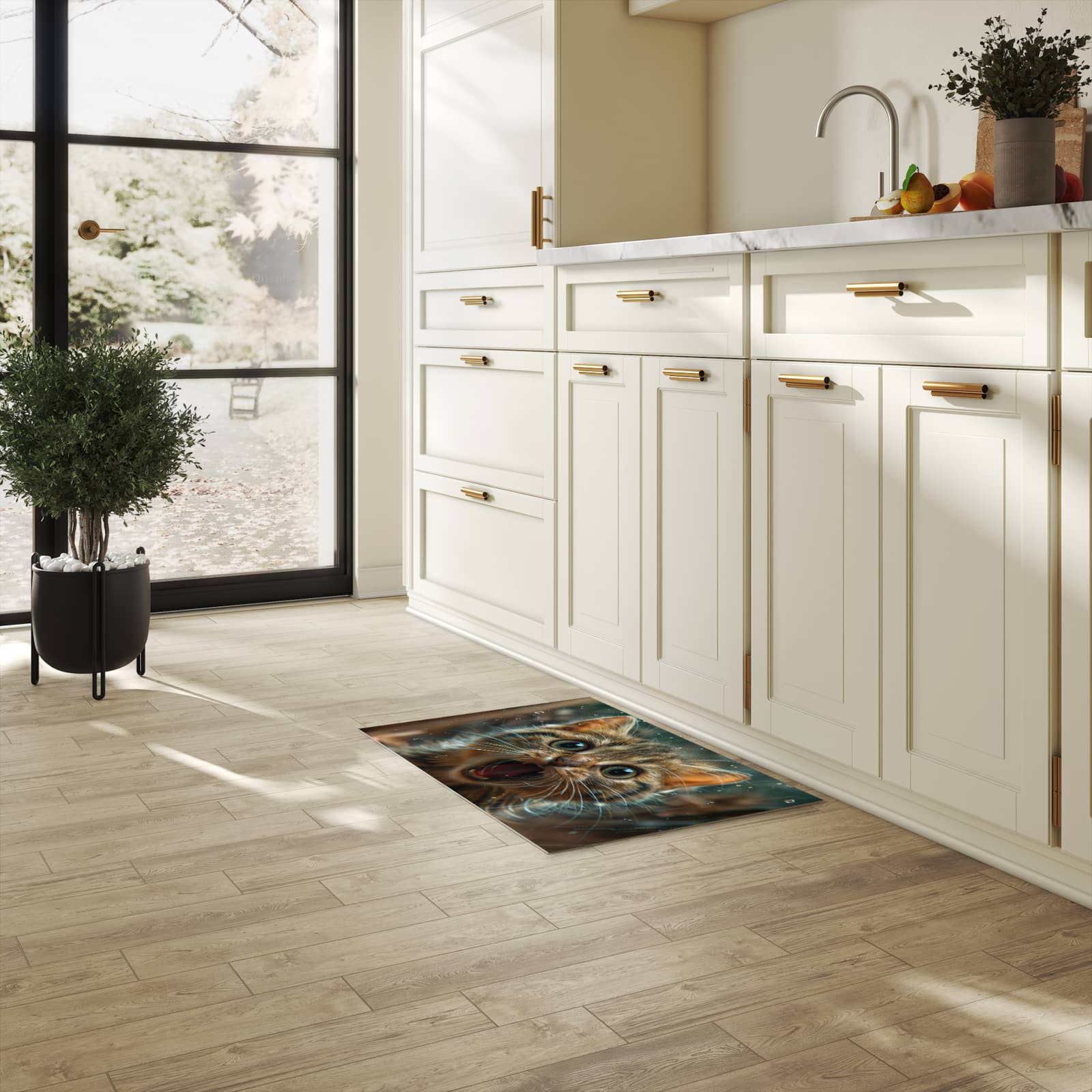 Zeitsparender Küchenteppich mit Motiv Nasse Katze in heller Küche - leicht waschbar