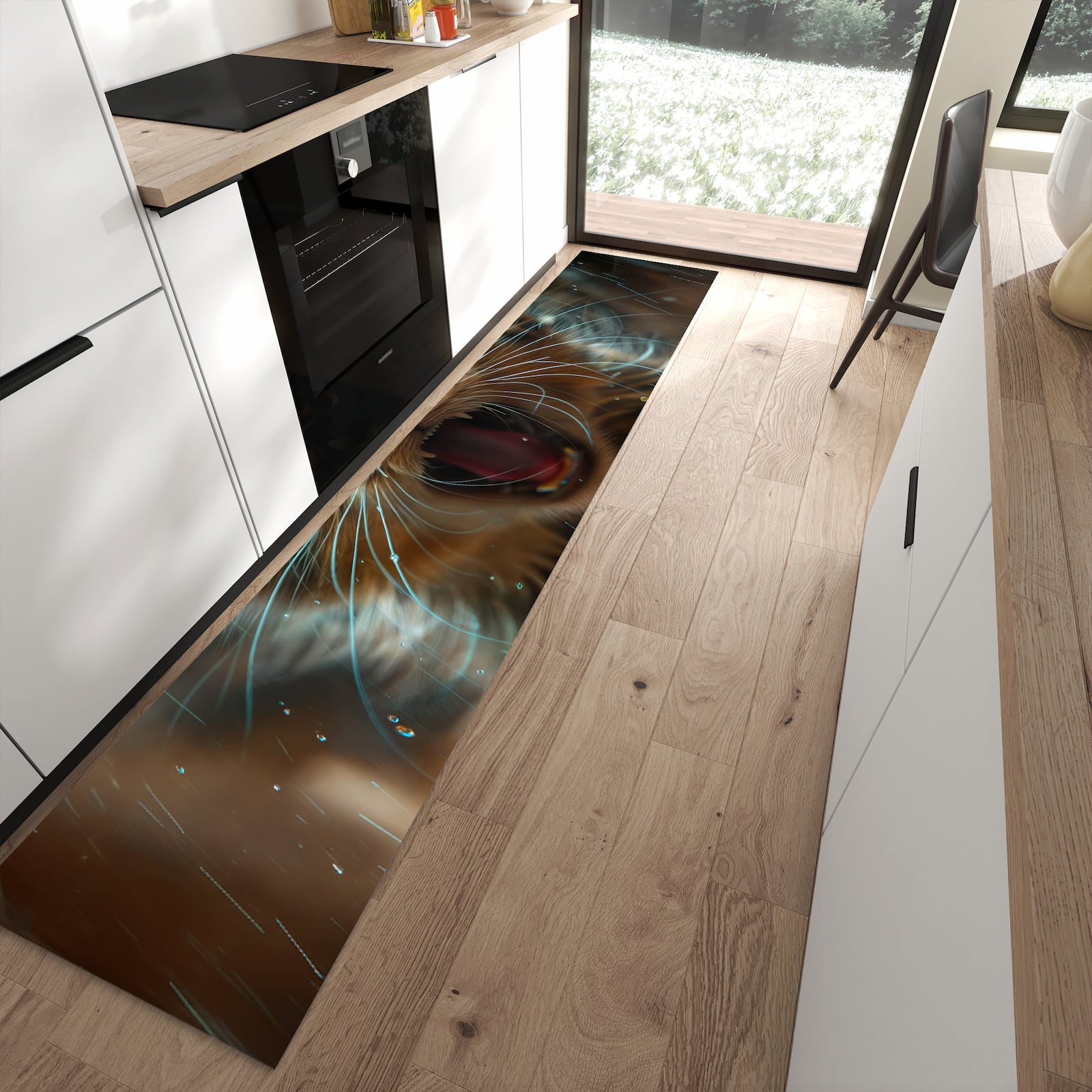 Komfortabler waschbarer Küchenteppich mit Motiv Nasse Katze in moderner Küche