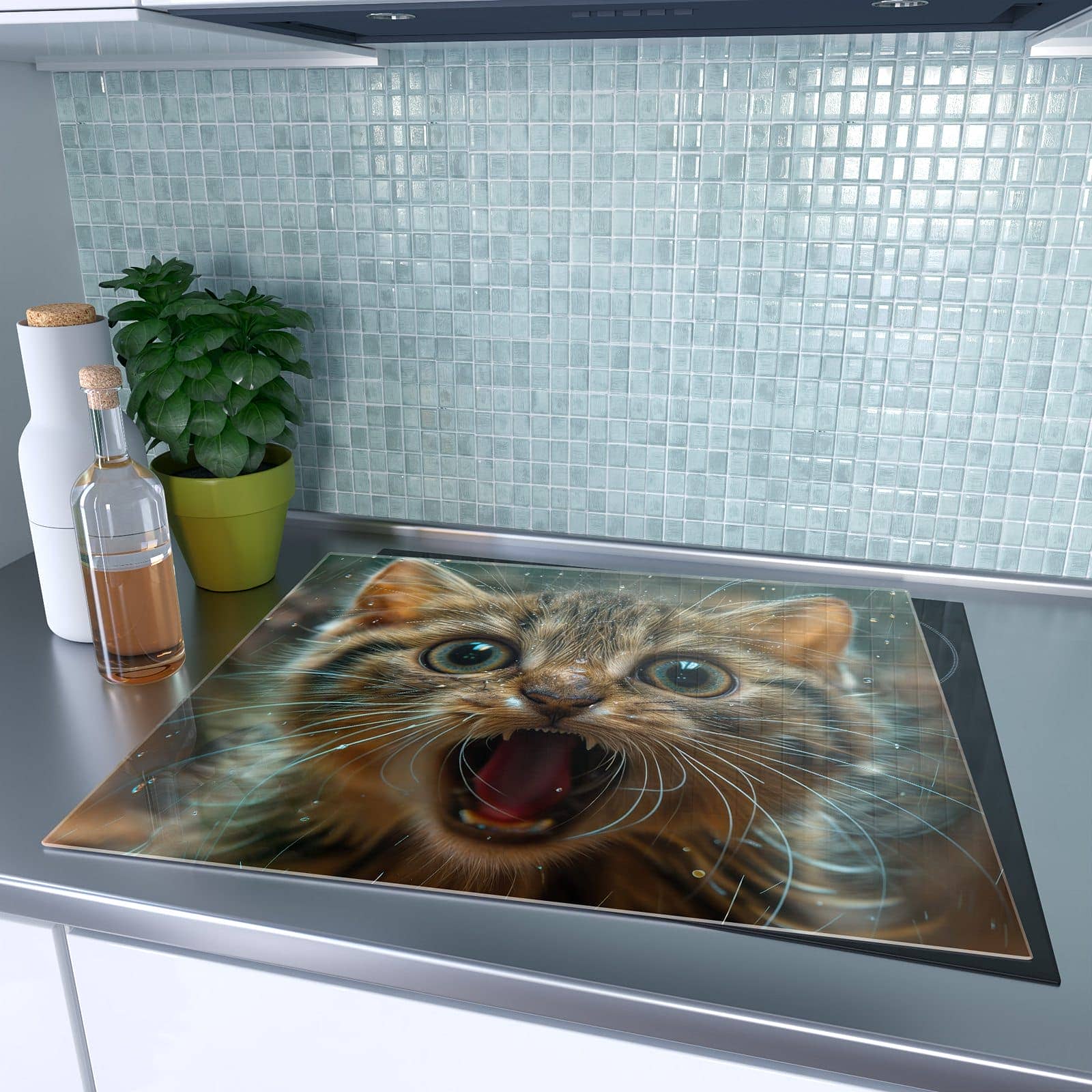 1-teilige Herdabdeckplatte mit Nasse Katze-Motiv auf dem Ceranfeld