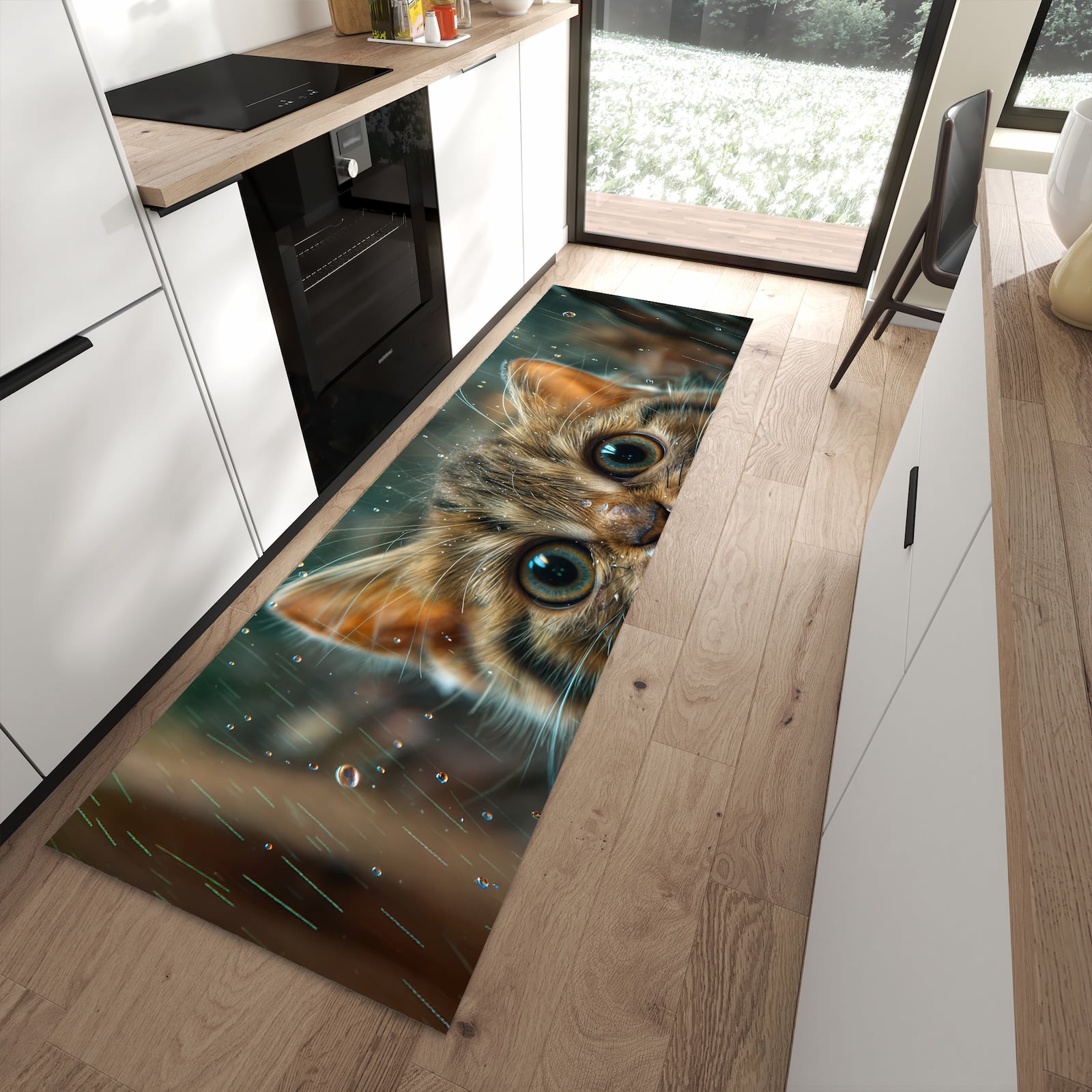 Küchenteppich mit Motiv Nasse Katze für angenehme Haptik in moderner Küche