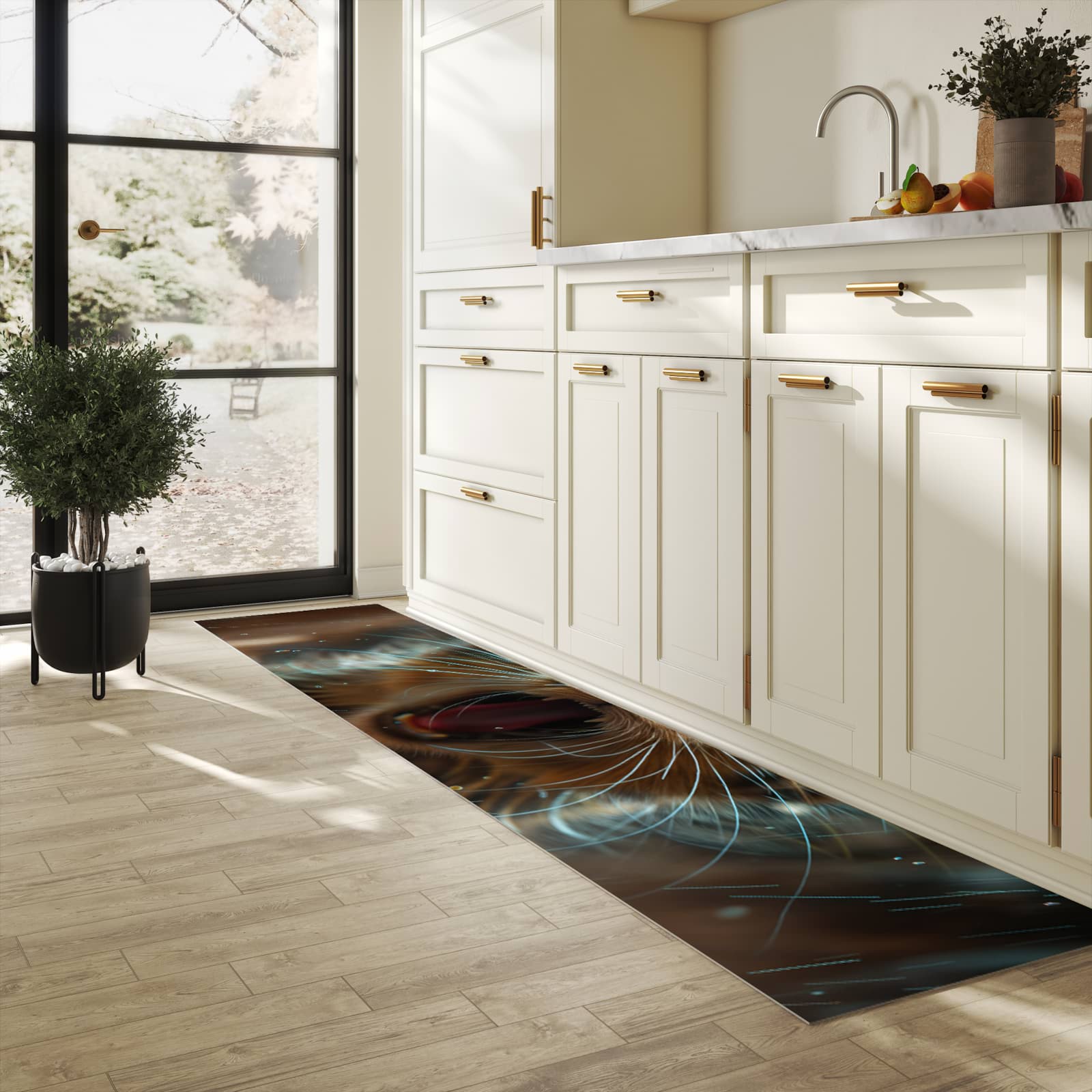 Küchenteppich mit Motiv Nasse Katze in heller Küche für sicheres Aufbewahren