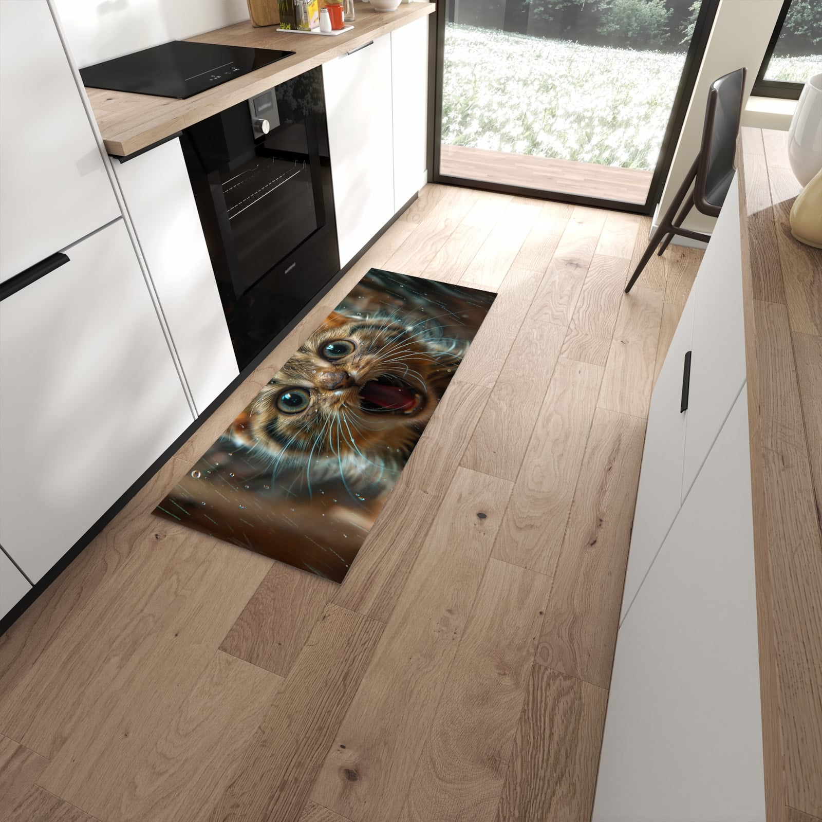 Geruchsneutraler rutschfester Küchenteppich mit Motiv Nasse Katze in moderner Küche #grösse_60 x 150 cm