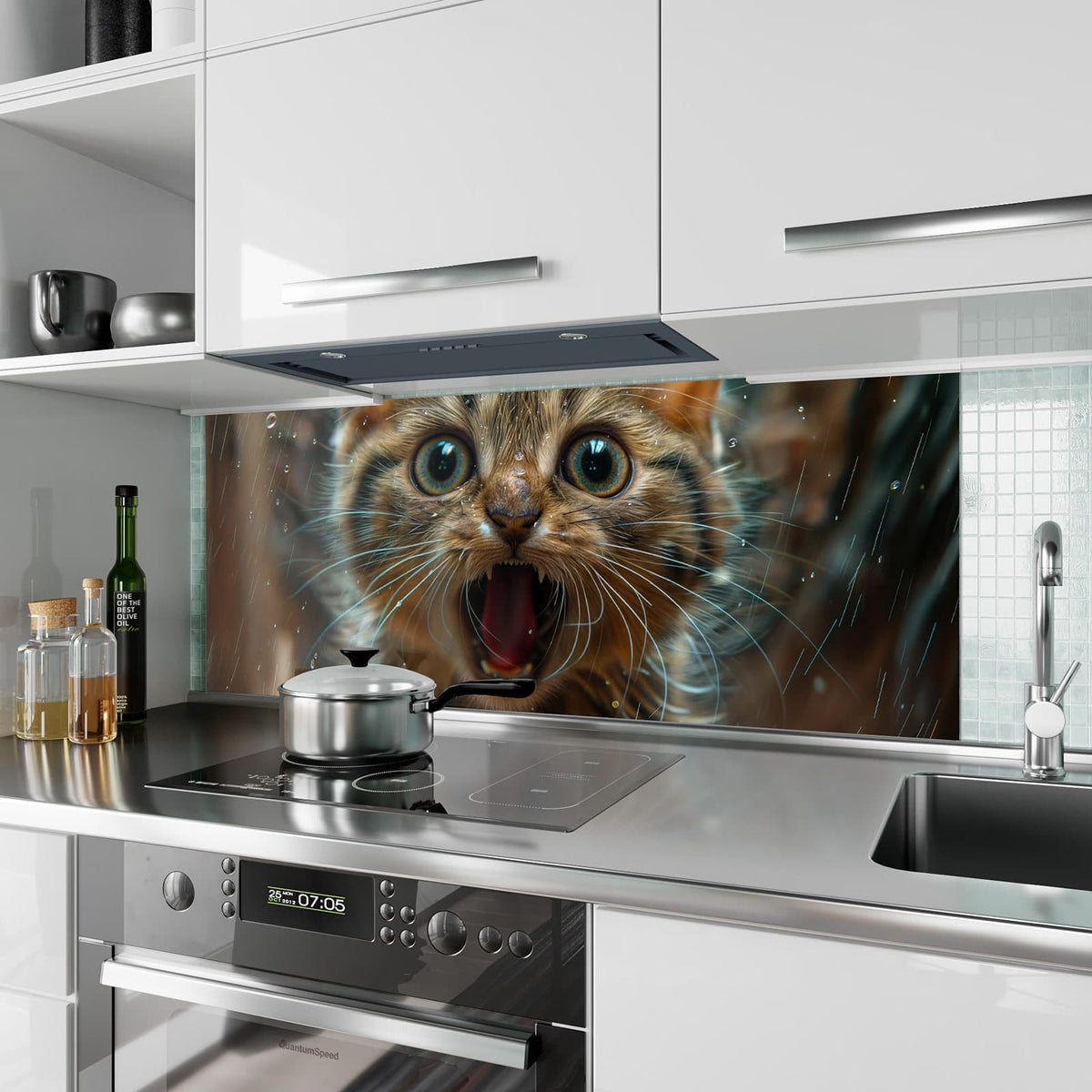 Küchenrückwand aus Glas Miauendes Kätzchen im Hochformat als Spritzschutz hinter dem Kochfeld, über dem Fliesenspiegel montiert