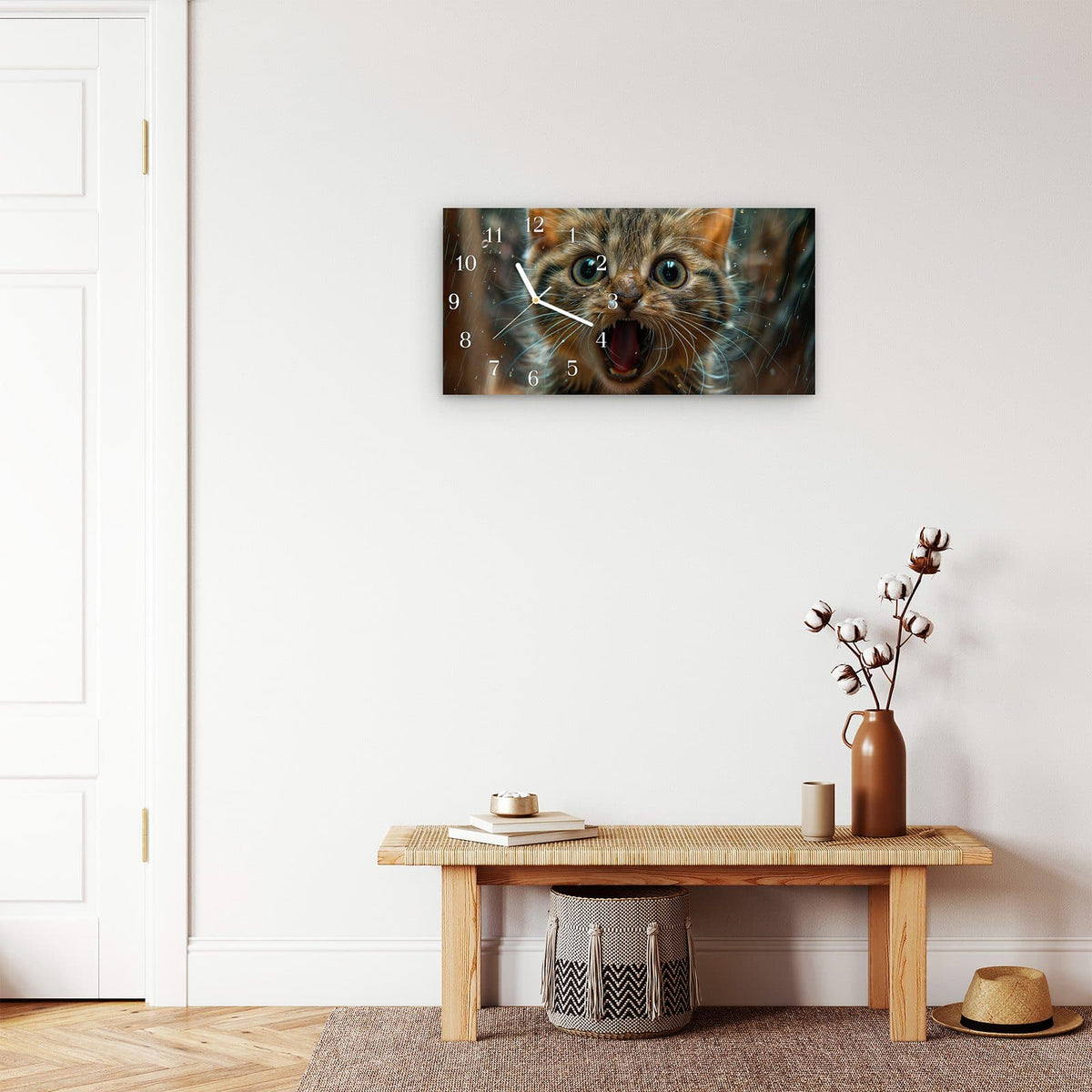 Moderne Wanduhr aus Glas mit Farbtiefe – Wanduhr Nasse Katze aus Glas – Querformat 60 × 30 cm