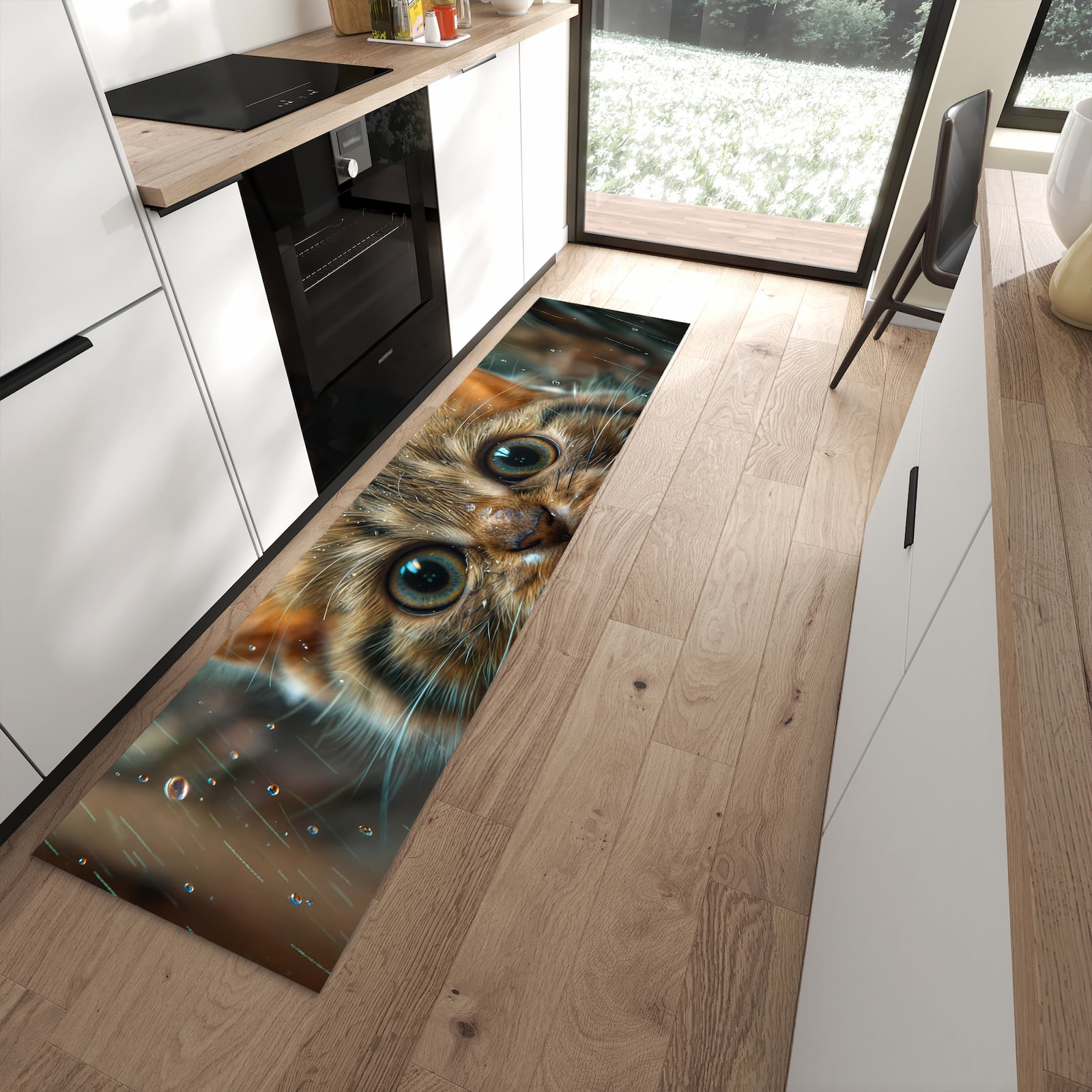 Flacher Bodenläufer mit Motiv Nasse Katze in moderner Küche