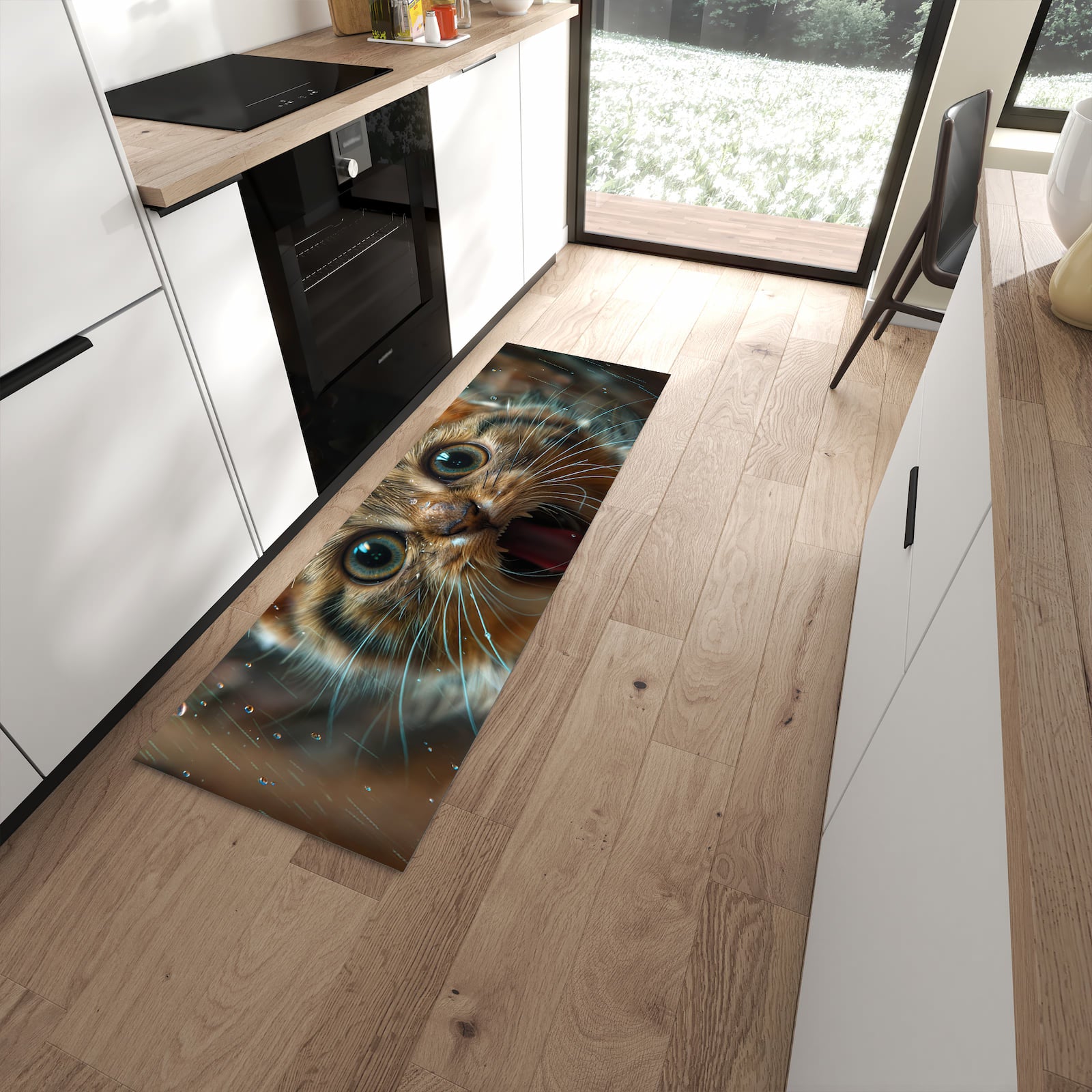 Langlebiger Bodenläufer mit Motiv Nasse Katze in moderner Küche