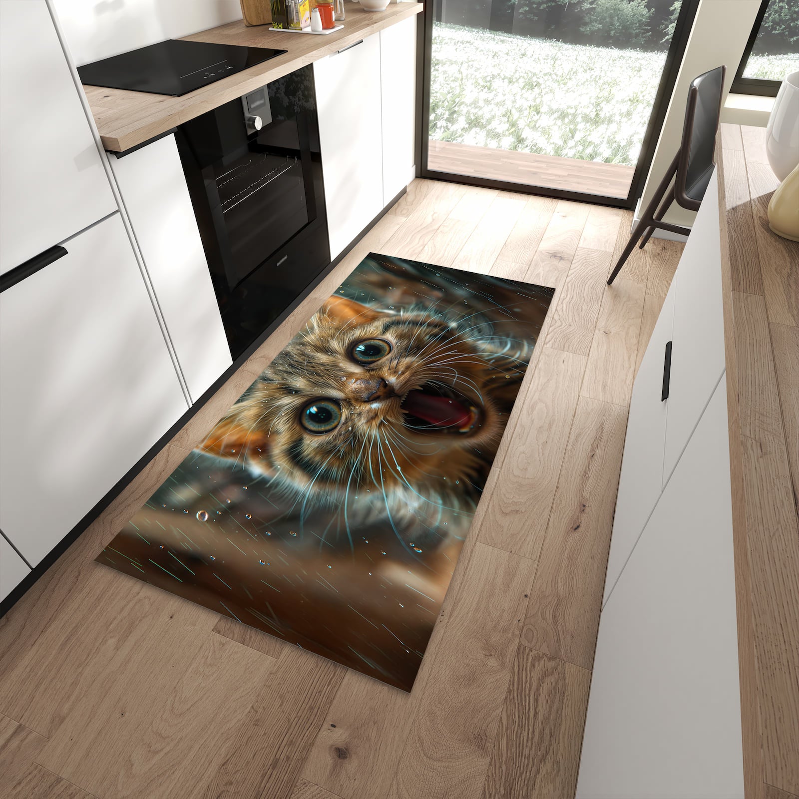 Waschbarer großer Küchenteppich mit Motiv Nasse Katze in moderner Küche