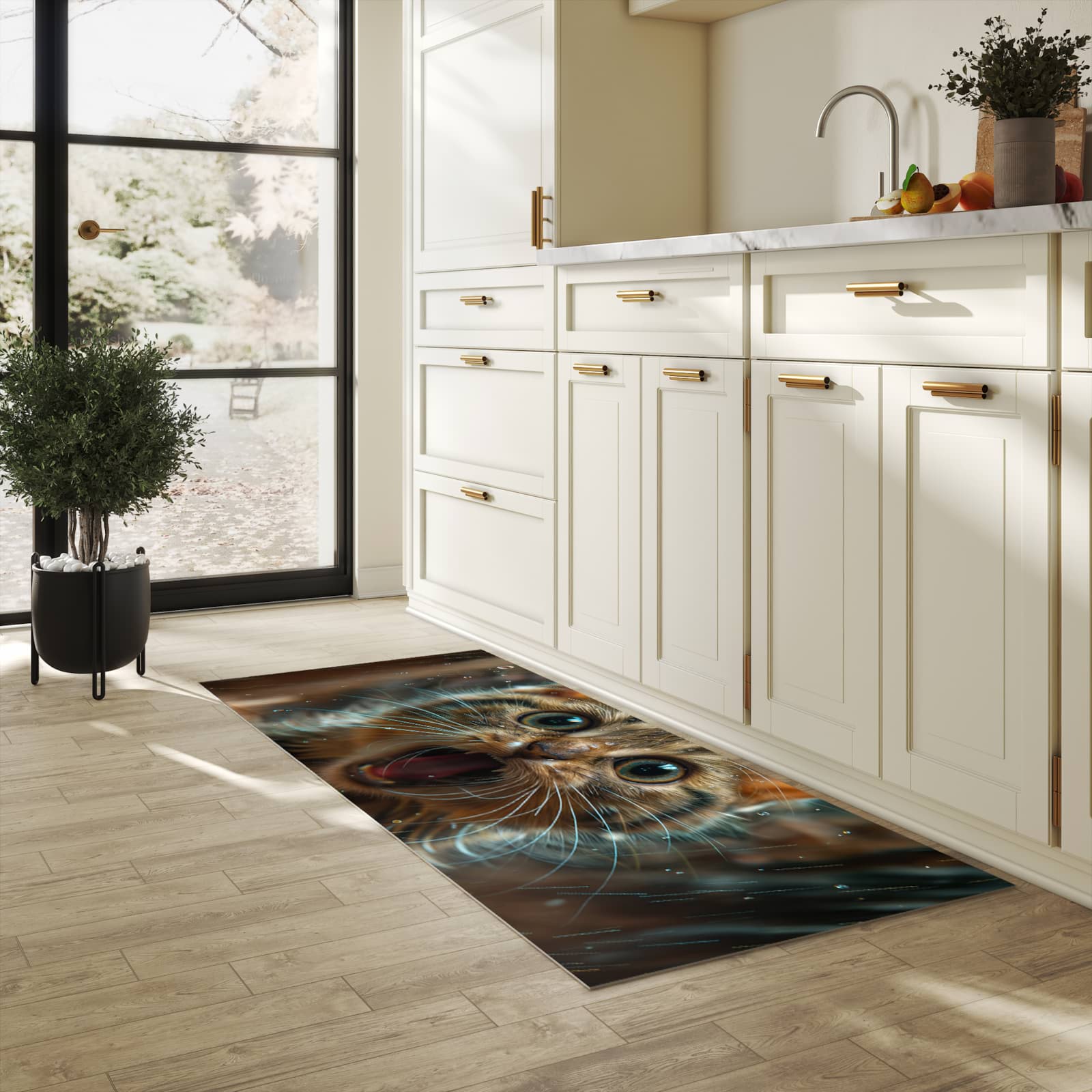 Geräuschdämpfender waschbarer Küchenteppich mit Motiv Nasse Katze in heller Küche