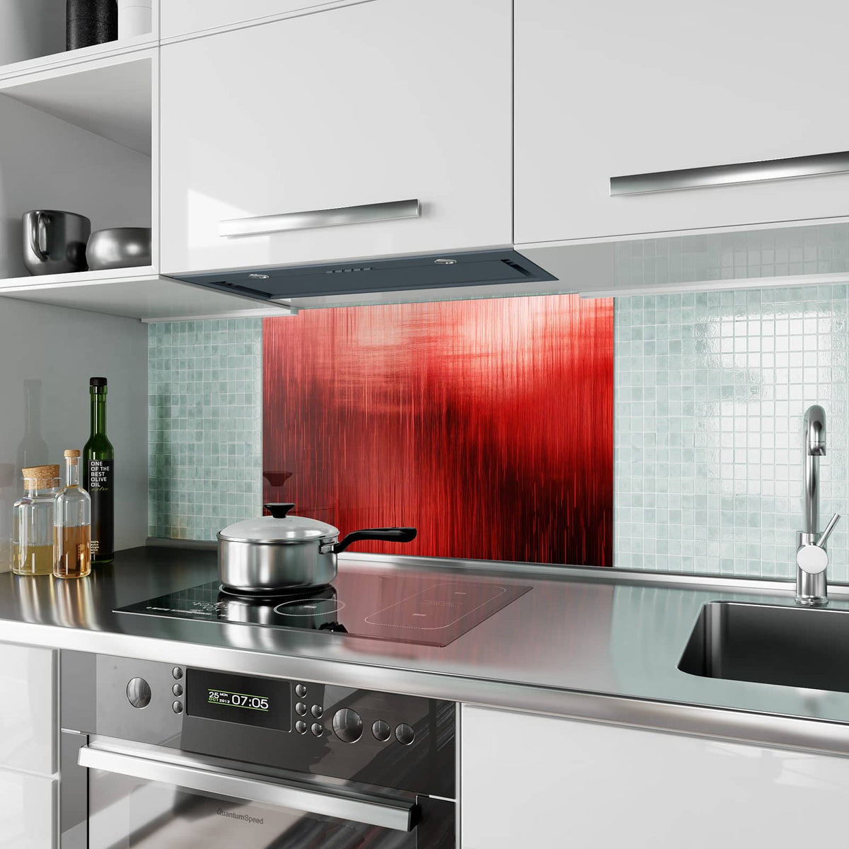 Küchenrückwand aus Glas Vertikale Linien in Rot im Hochformat als Spritzschutz hinter dem Kochfeld, über dem Fliesenspiegel montiert