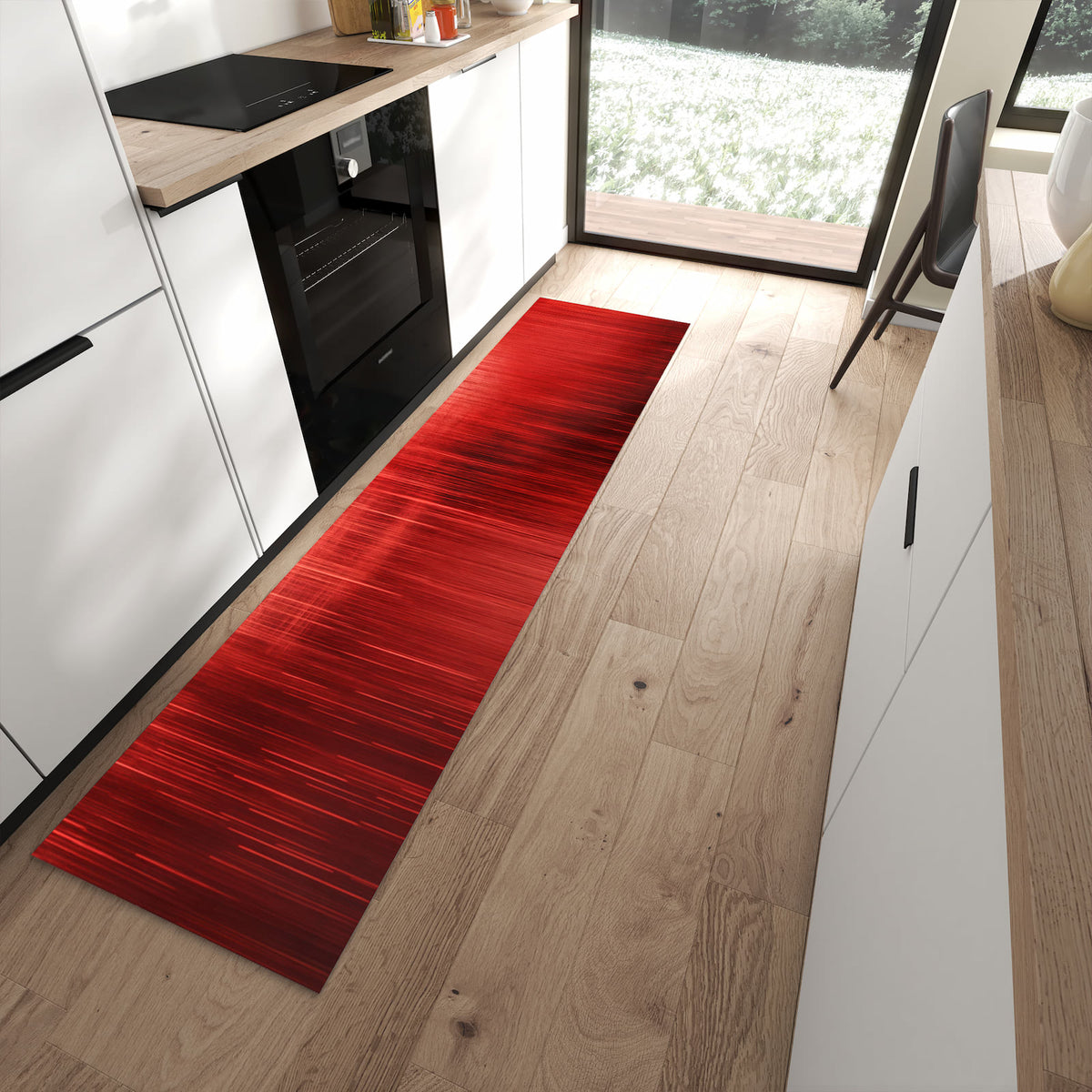 Fleckenresistenter Küchenteppich mit Motiv Rote Textur in moderner Küche